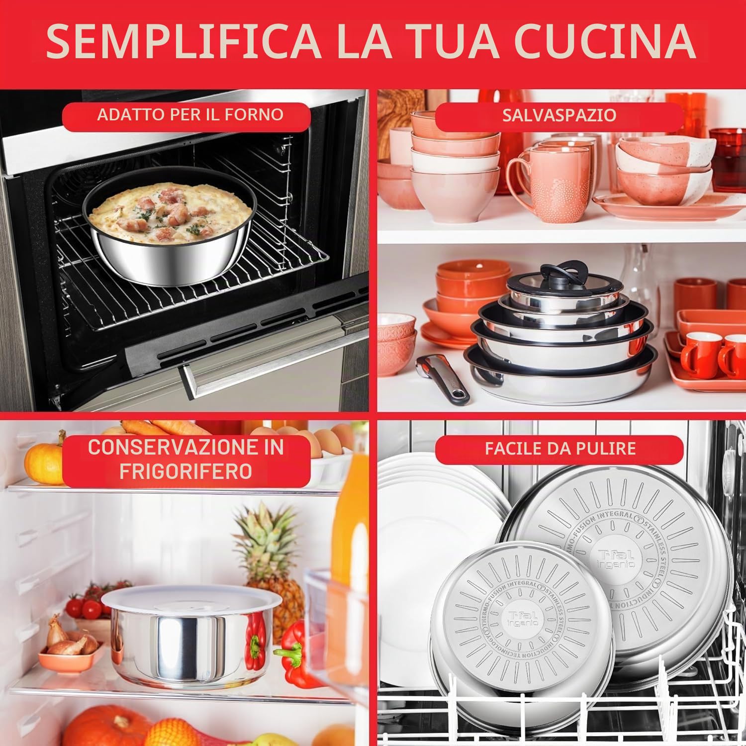 Tefal Ingenio Preference ON Set di pentole e padelle, 13 pezzi, impilabili, manico rimovibile, salvaspazio, antiaderente, a induzione, in acciaio inox, L9749432