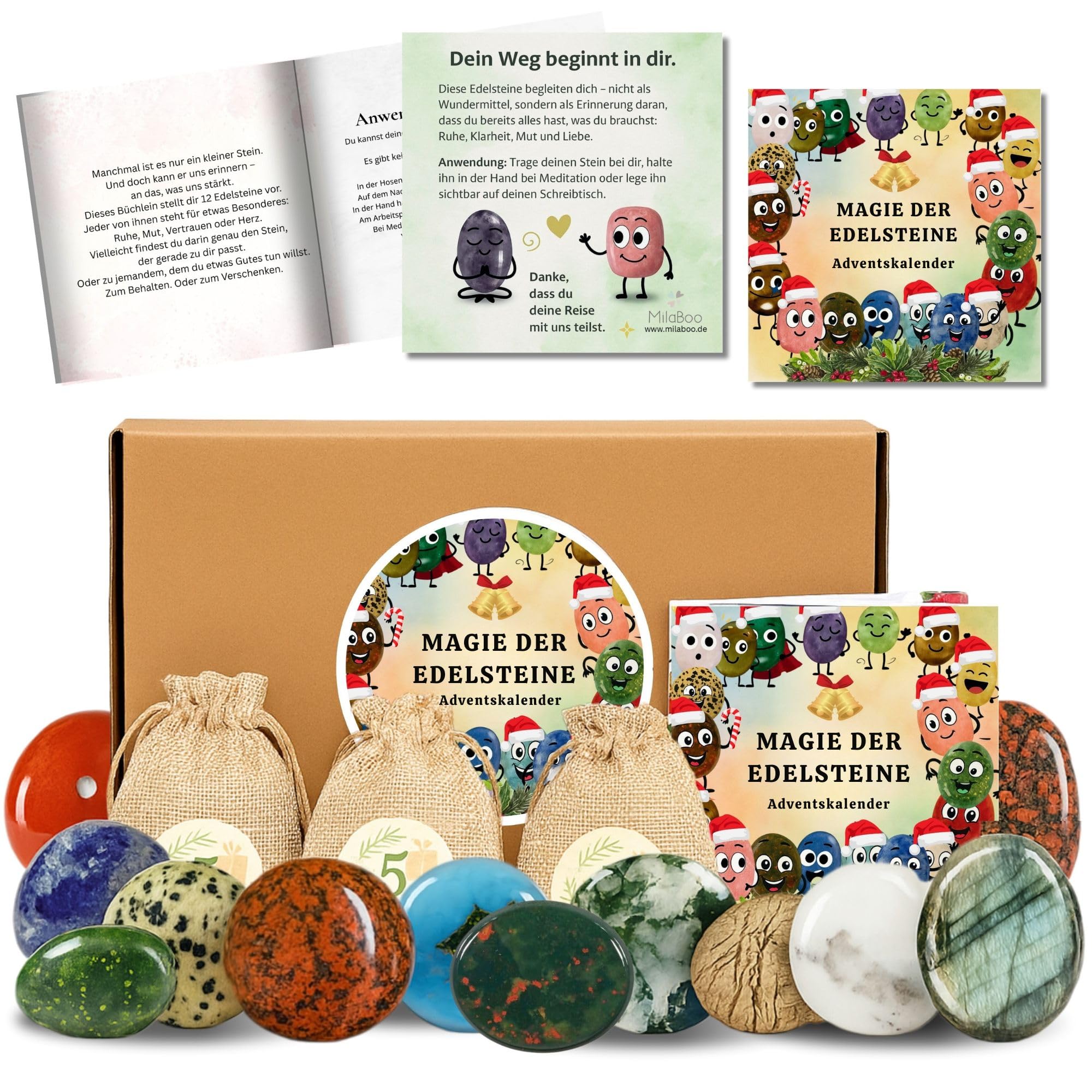 MilaBoo Calendario dell'Avvento con gemme – 24 pietre portafortuna in sacchetto di iuta con opuscolo e adesivi numerici – Adulti e Bambini, idea regalo Natale (magia delle gemme)