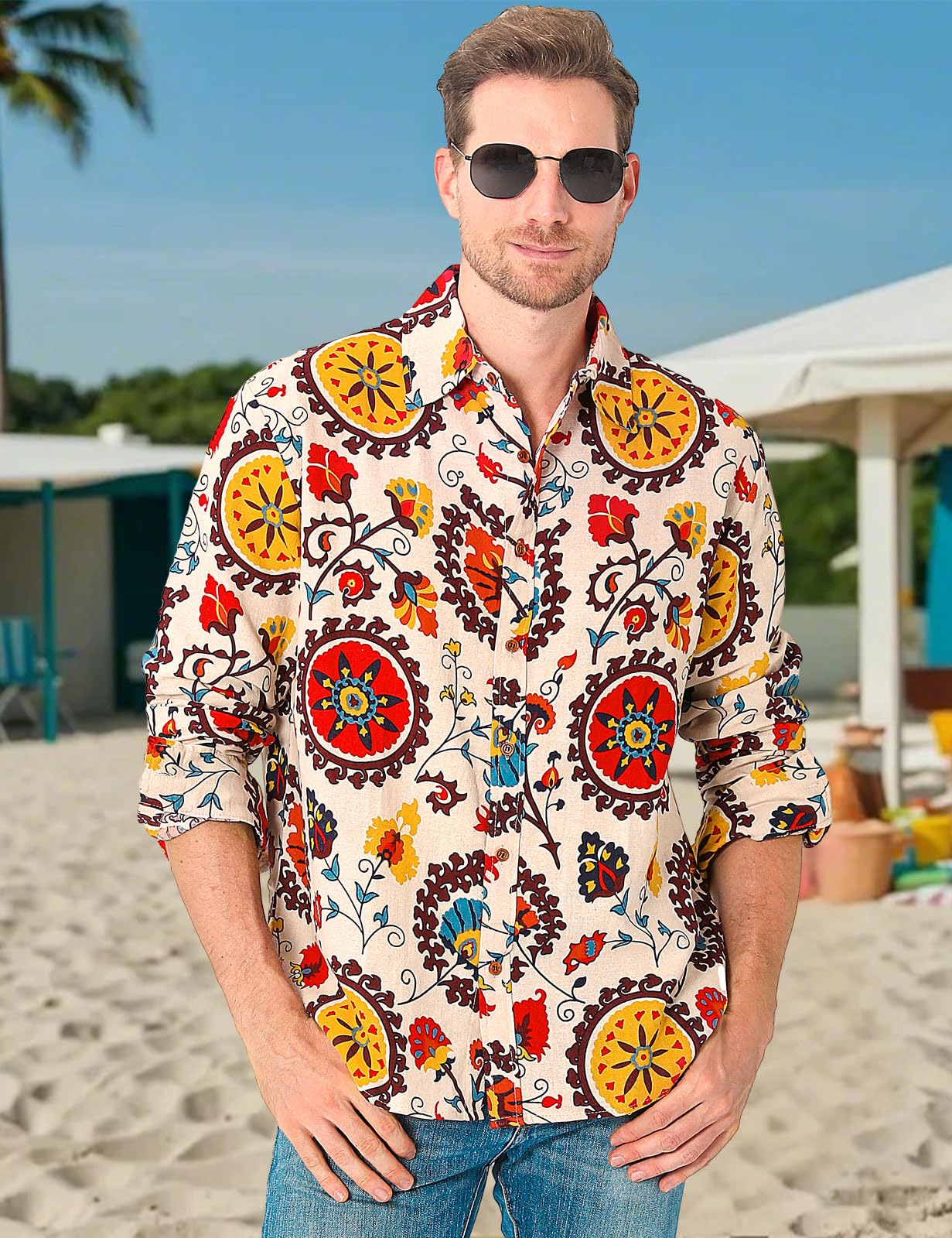 Camicia Anni 70 Hippie da Uomo Manica Lunga Camicie Floreale Fantasia Funky Casual