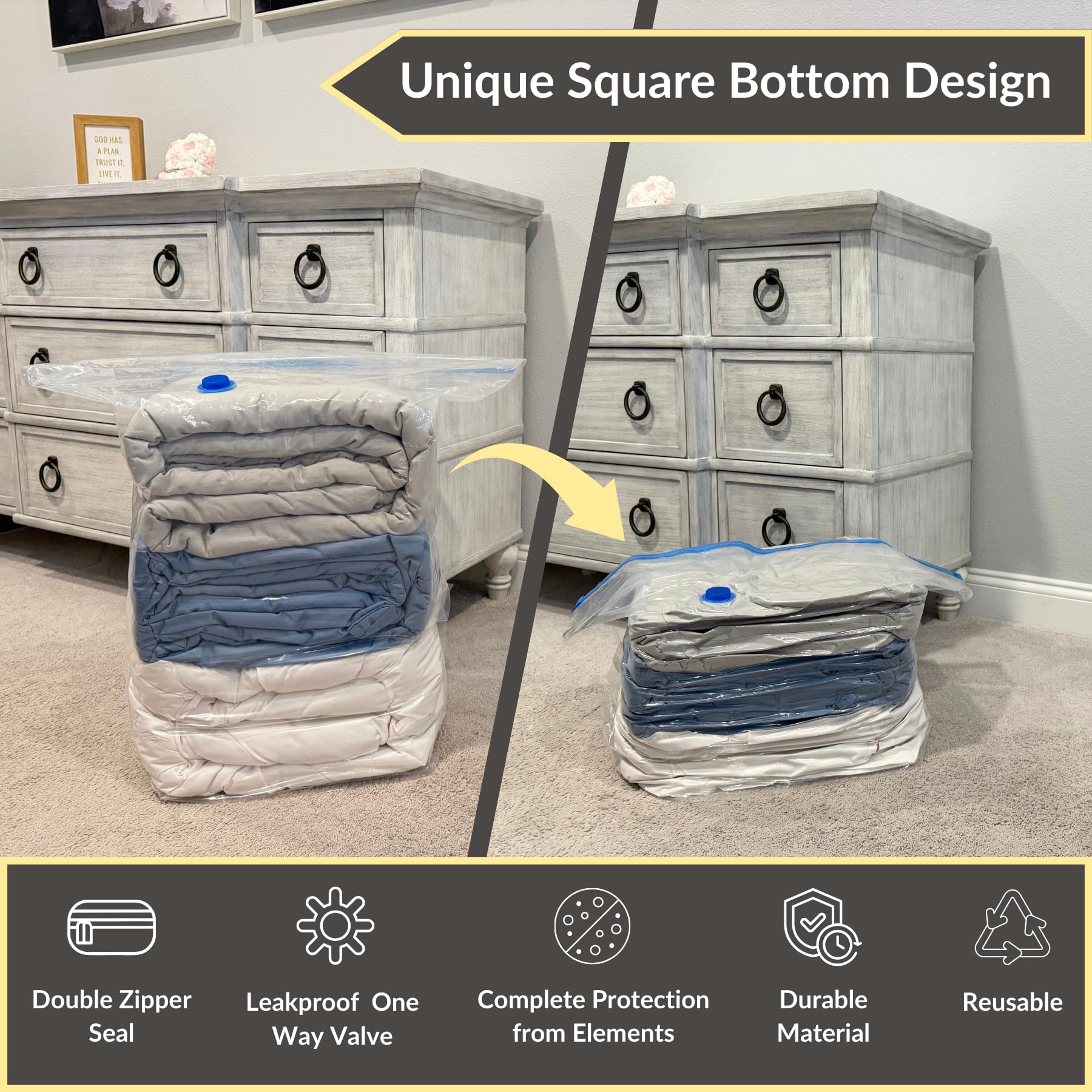 Lot de 5 sacs de rangement sous vide, sacs de compression pour couettes, couvertures et vêtements, fermeture durable, résistants aux perforations, matériau polyester sûr, préserve et protège