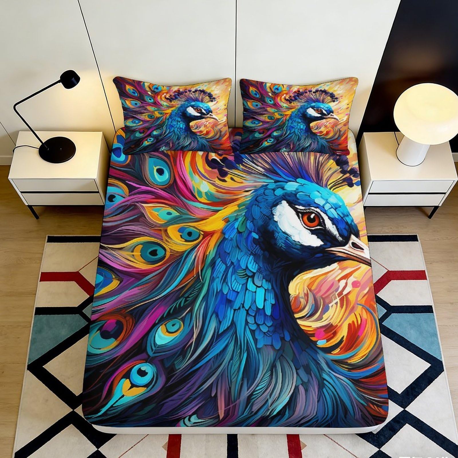 3D Printed Colorful Peacock Fitted Sheet Microfiber Soft Breathable Vibrant Feather Bed Sheet for Bedroom Dormitory Guest Room Mattress Protection 140x200x25cm