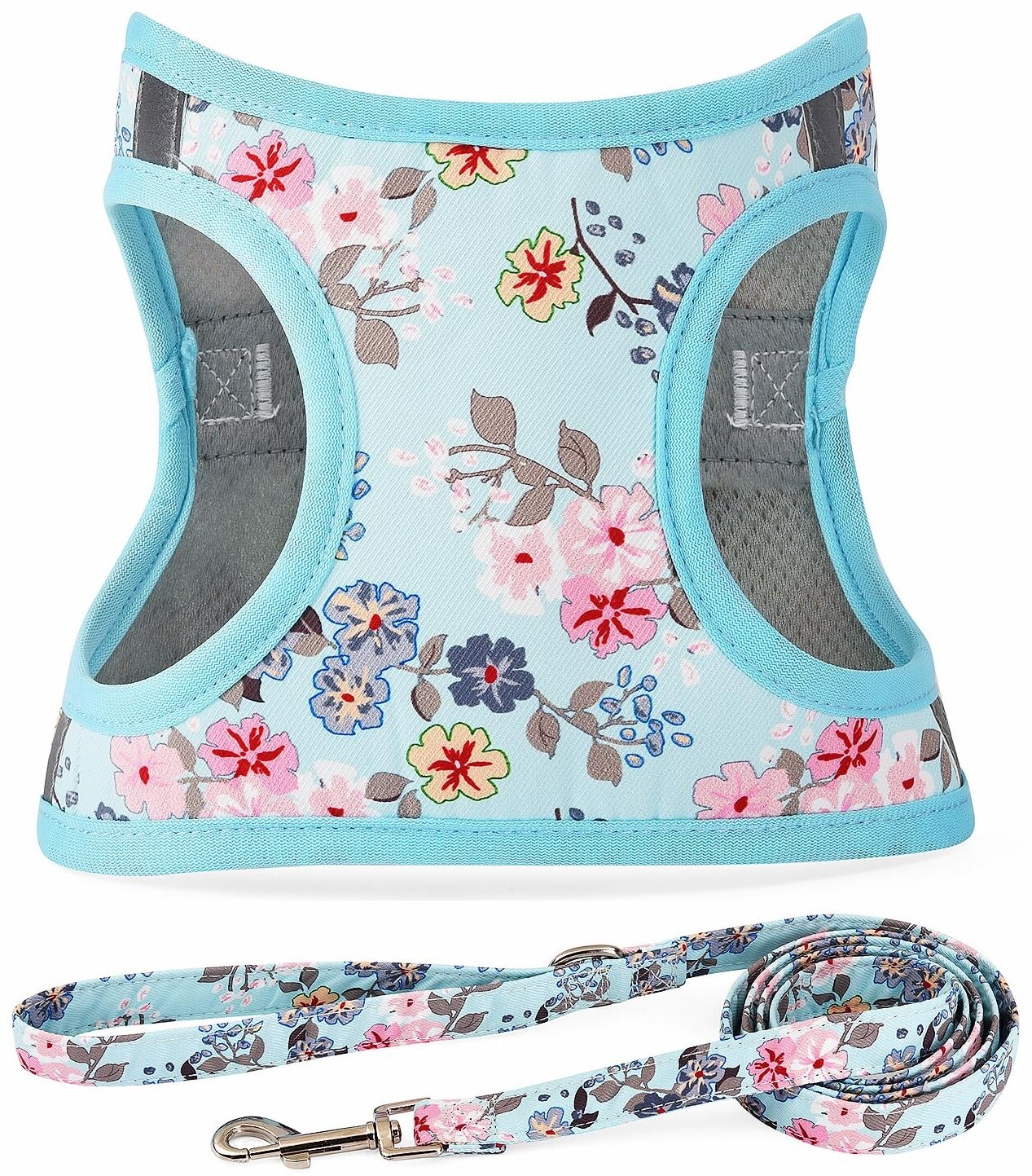 Moonpet Step in Dog Harness Leash Set- All Weather Reflective No-Pull Floral Pattern Padded Mesh Vest Harness for Cats Puppy Extra-Small Small Medium