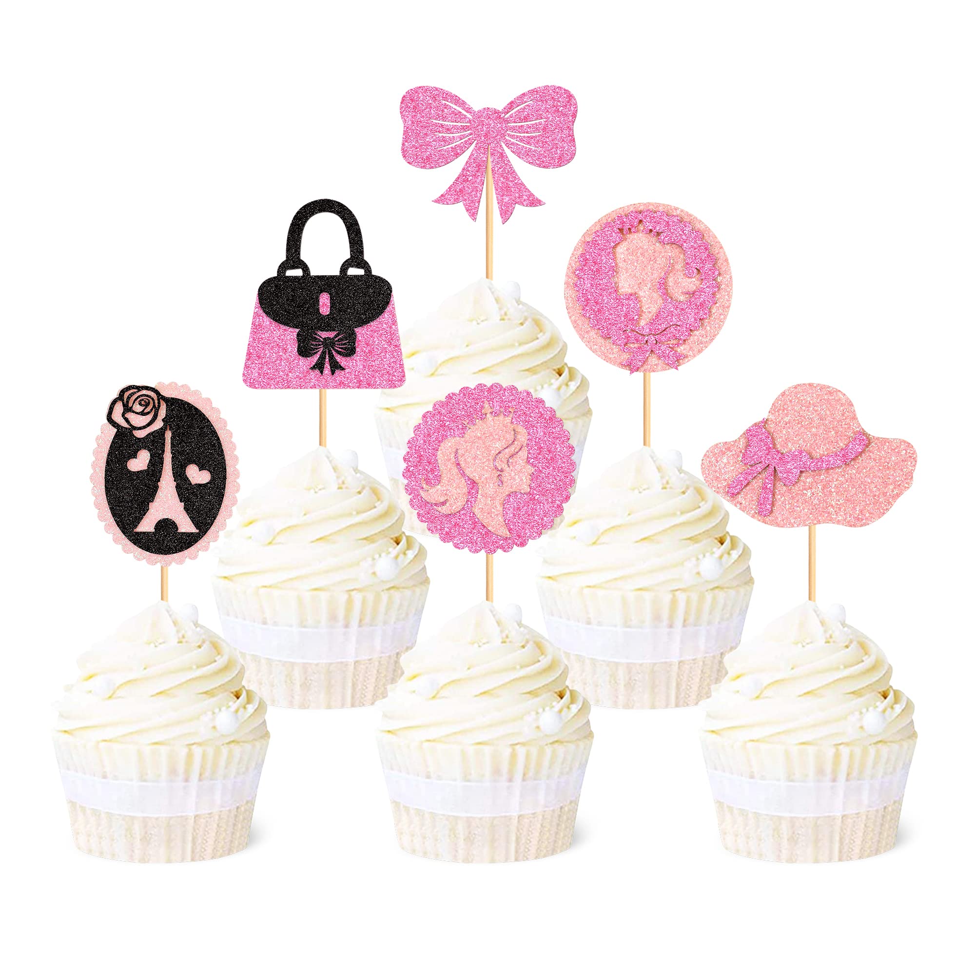 Ercadio 24 Pack Princess Cupcake Toppers Black and Pink Glitter Girls Cupcake Toppers Handbag Bow Tie Hats Cupcake Picks for Wedding Bridal Shower Girls Birthday Party Cake Decorations Supplies