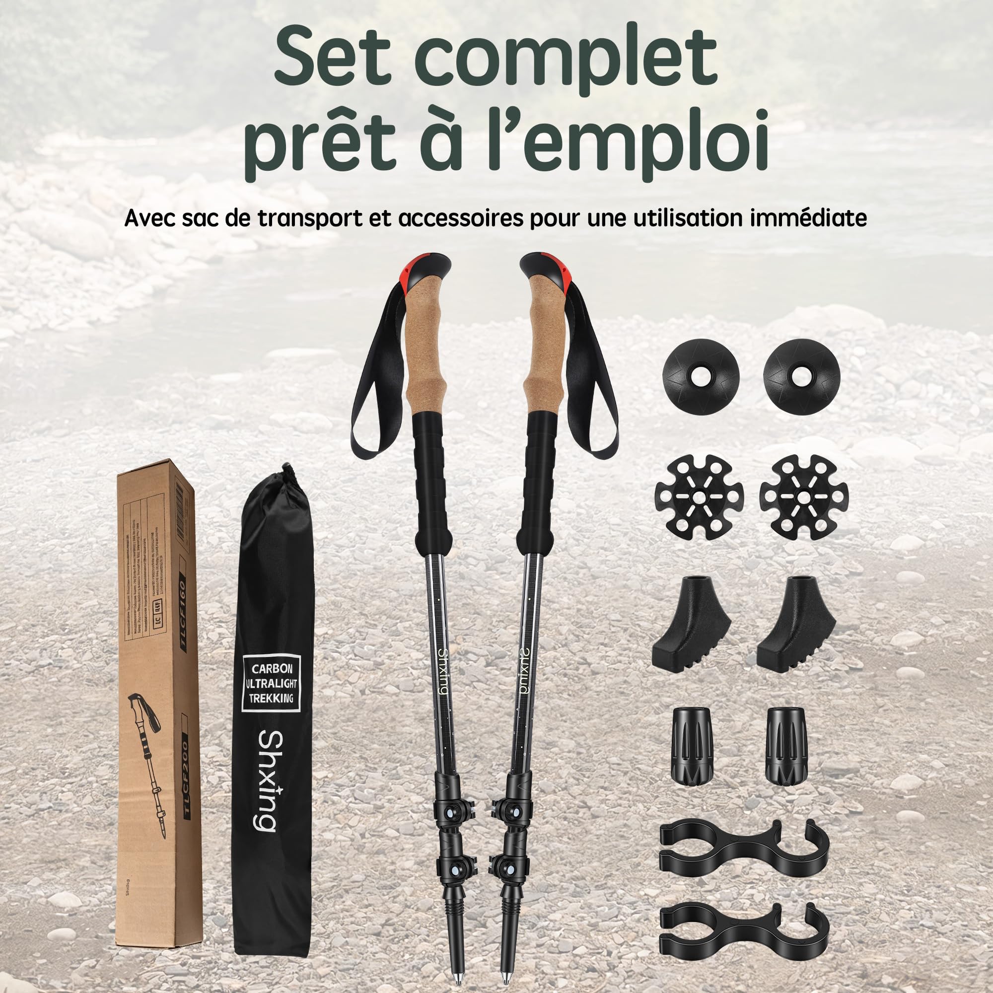 Bâtons de randonnée télescopiques Lot de 2, 200 g chacun, réglables 62–135 cm, en Carbone, poignée liège + EVA, Verrouillage Aluminium, randonnée et Marche Nordique | 62-135 cm, réglable, poignée en liège avec EVA, fermeture en aluminium, sac et 10 access