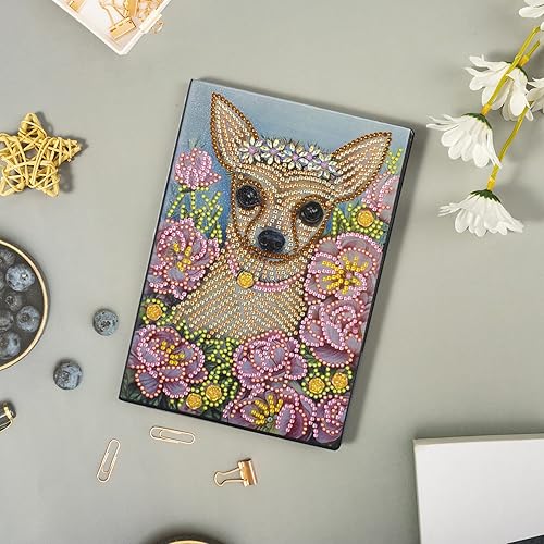Miniatura 5 de Kits de cuaderno de pintura de diamante 5D para perro, Chihuahua, cubierta de cuero, diario con forma especial, cuaderno de bocetos de cristal con