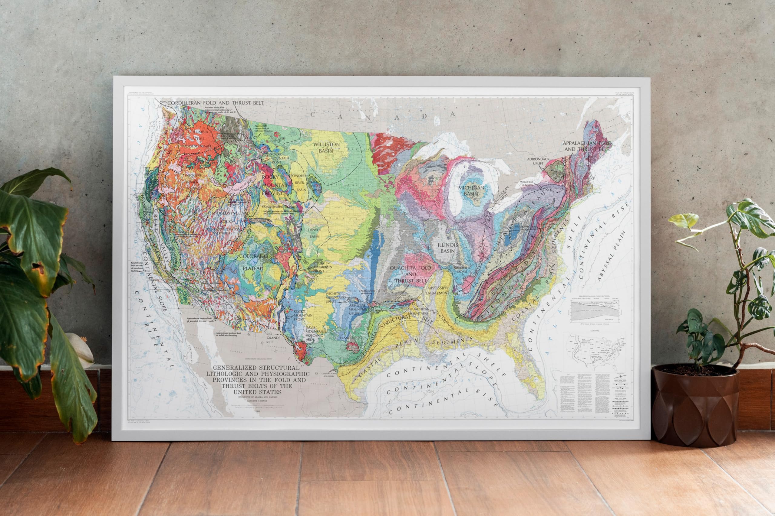 Mapa histórico, mapa de pared, Estados Unidos, geología: provincias fisiográficas y estructurales 1983, arte de pared vintage, 24 x 16 pulgadas