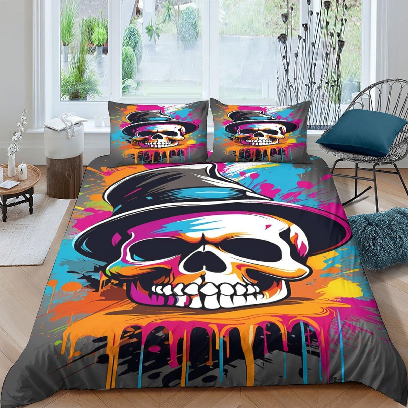 GPLZQXKJNH 3D Printed Graffiti Skull Duvet Cover Set Microfiber Soft Breathable Hat Skeleton Bedding Set with 2 Pillowcases for Bedroom Decor Single（135x200cm）