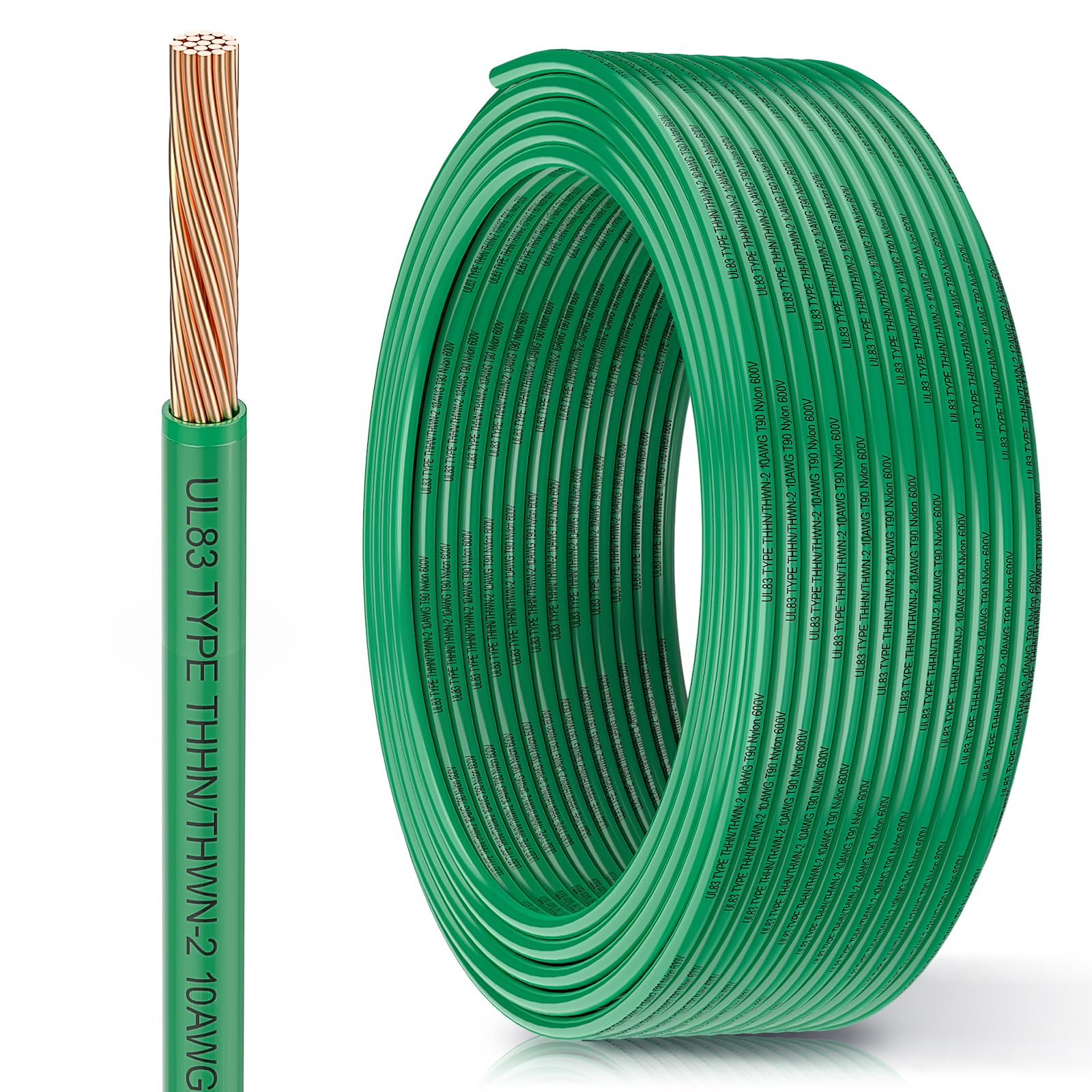 THHN Wire 10 Gauge 100FT, UL83 THHN/THWN-2 10 AWG Cable Stranded Copper with Nylon Jacket and PVC Insulation Building Wires for Residential, Ground,