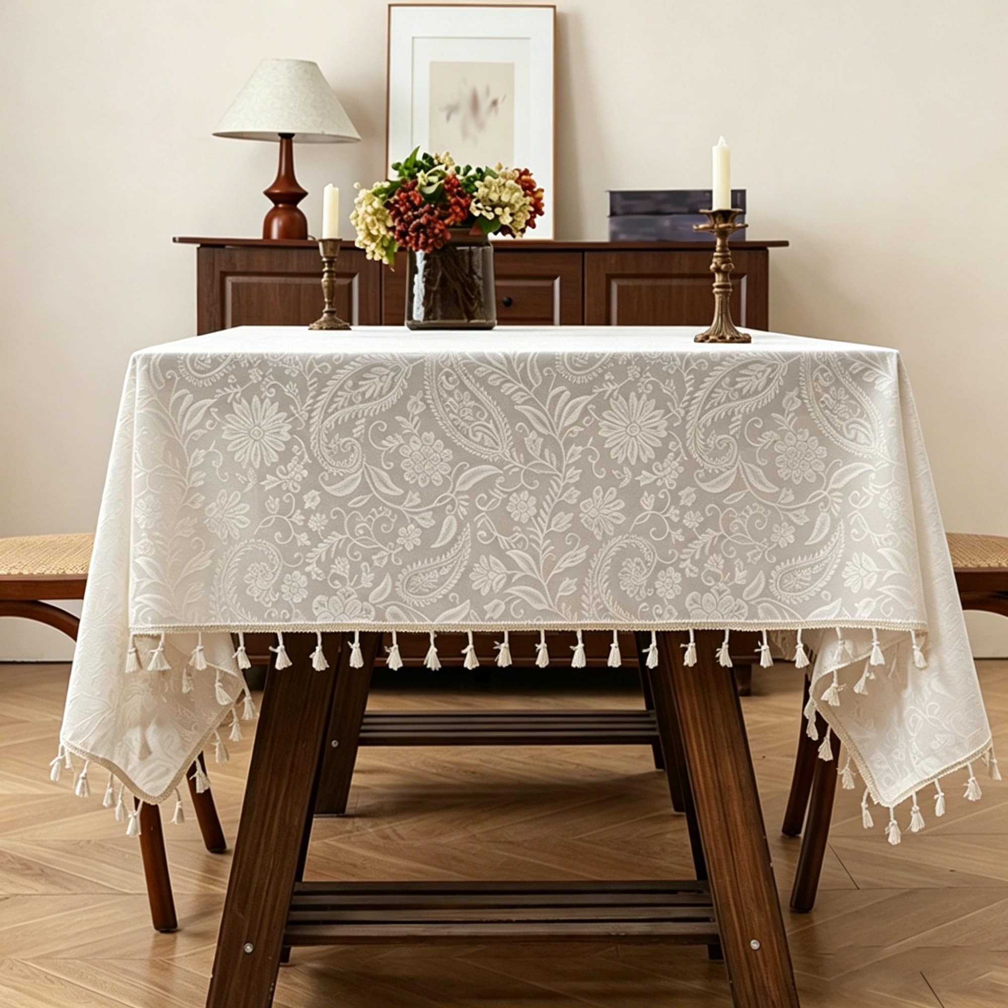 Tovaglia Elegante Rettangolare in Poliestere per Cucina o Sala da Pranzo, Ricamo con Frange, Floreale Vintage, Lavabile e Facile da Pulire | Antiscivolo Giardino(Beige D,150 x 260 cm)