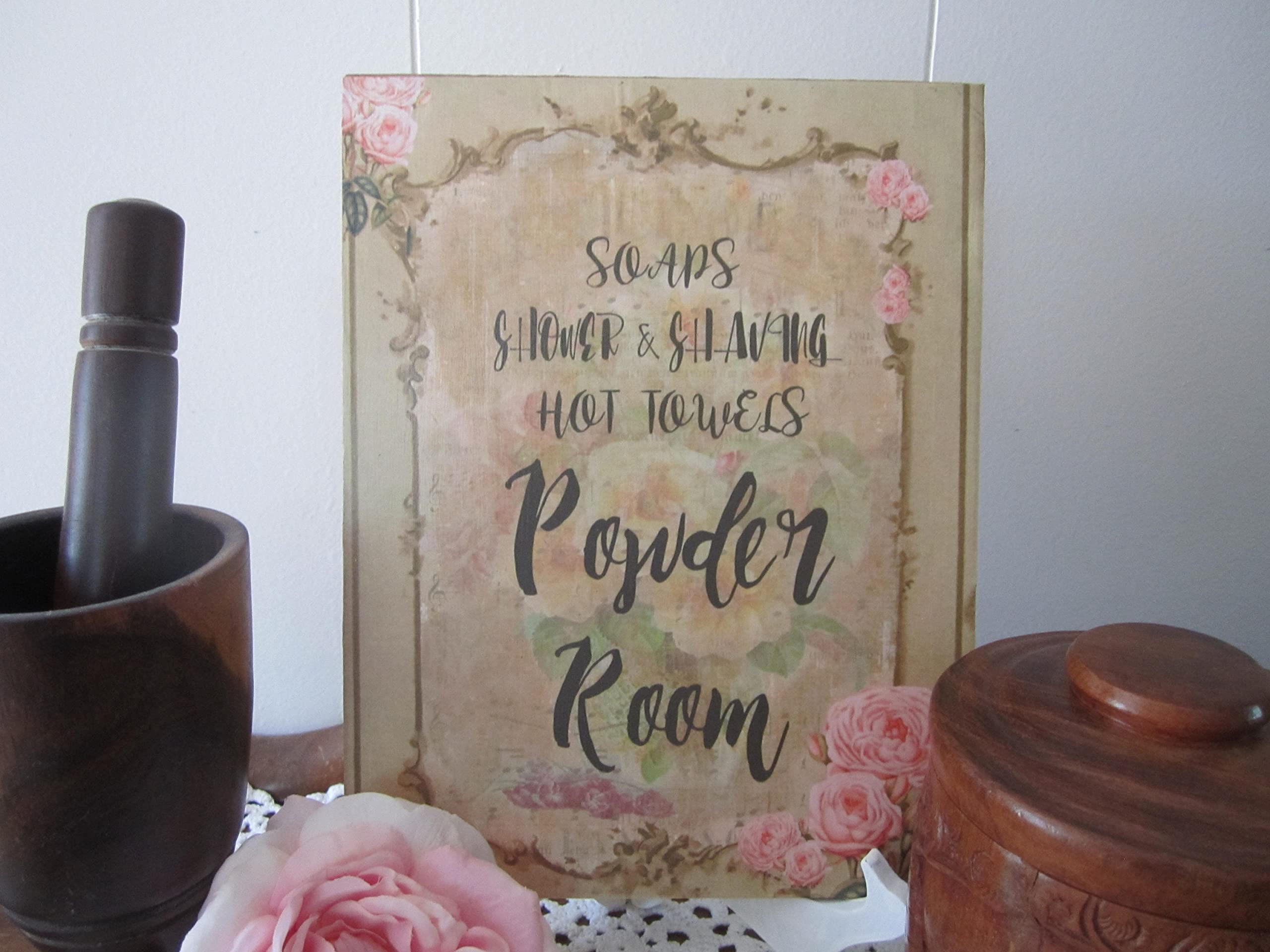 Shabby Powder Room Sign Pink Rose Plaque Home Wall Art Modern Farmhouse Sign Retro Metal Tin Sign Vintage Sign for Home Coffee Wall Decor 6x8 Inch