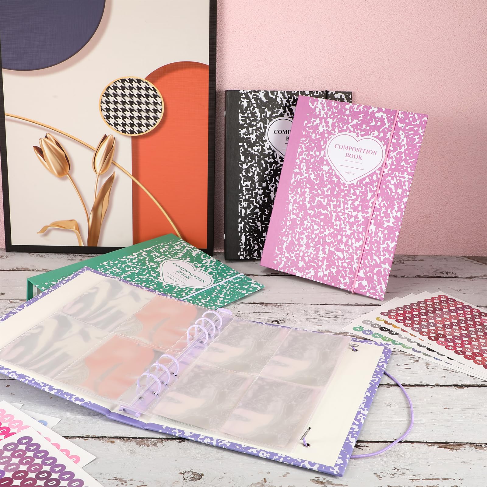 Honoson 4 album per raccoglitori A5 Kpop con 20 tasche con 160 tasche Kpop Photocard Sleeves 6 anelli ricariche interne e adesivi Kpop Photocard Holder Photocard Book per foto e carte di archiviazione