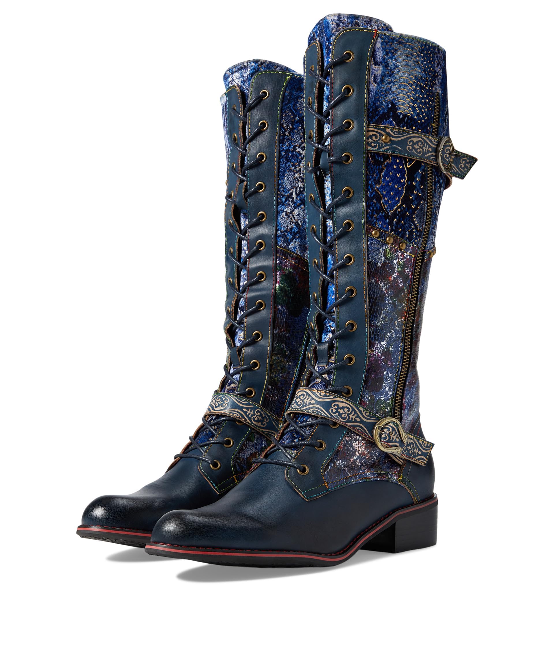 L'Artiste Vaneyck Knee High Boots for Women with Iridescent Metallic Upper | Ladies Tall Boots with Decorative Double Buckles and Lace Up Zipper