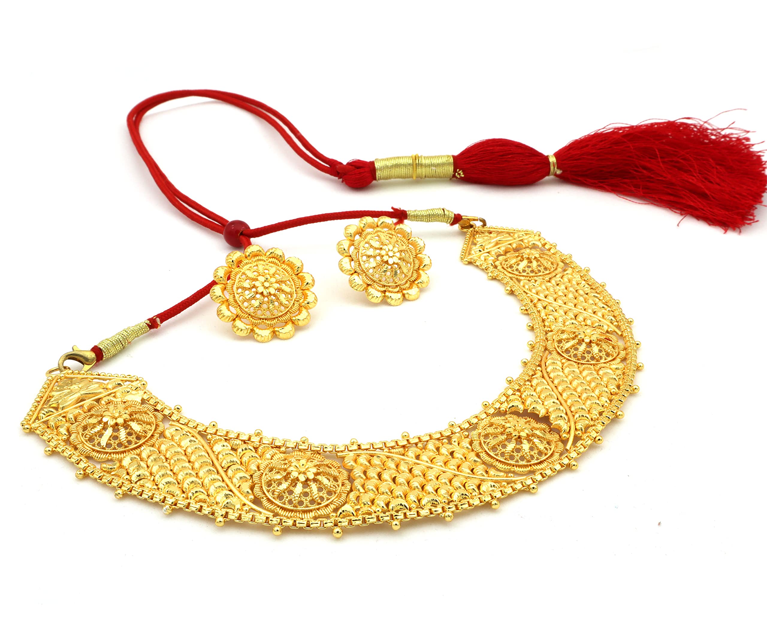 Gold Plated Traditional Designed Chatai Haar Necklace Set With Ear Rings For Women & Girls