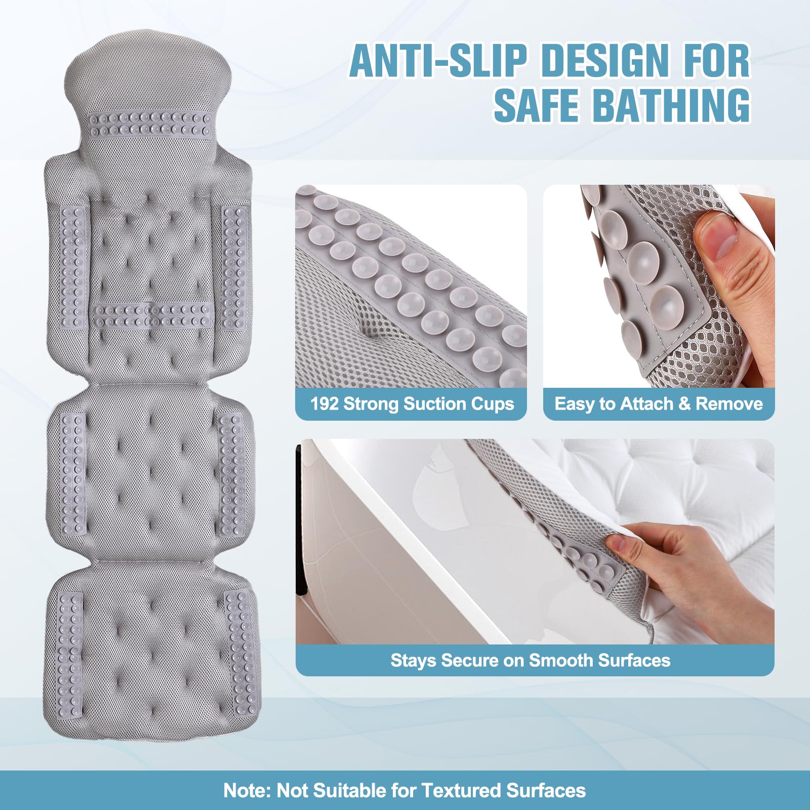 Almohada de baño de Cuerpo Completo 127 x 41 cm, con Soporte para Cabeza y 192 ventosas. Grosor 6 cm en Espuma viscoelástica – Relajación Tipo SPA en casa – Incluye Bolsa de Lavado