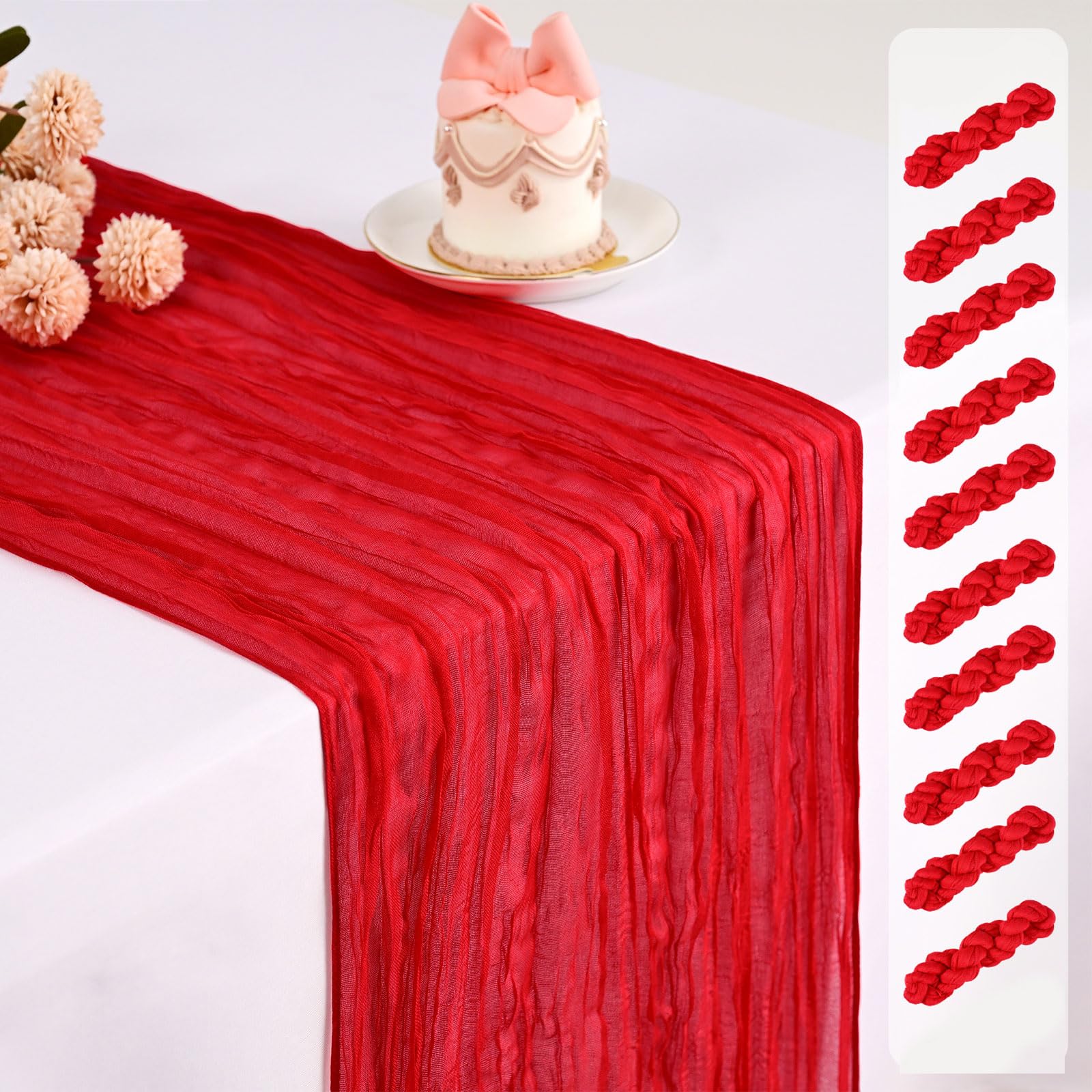 10 Pack Cheesecloth Table Runner,Red Table Runner Long Romantic Semi Sheer Rustic Boho Gauze Table Runners for Wedding Bridal Shower Birthday Party Decorations(17.7×108 Inch)