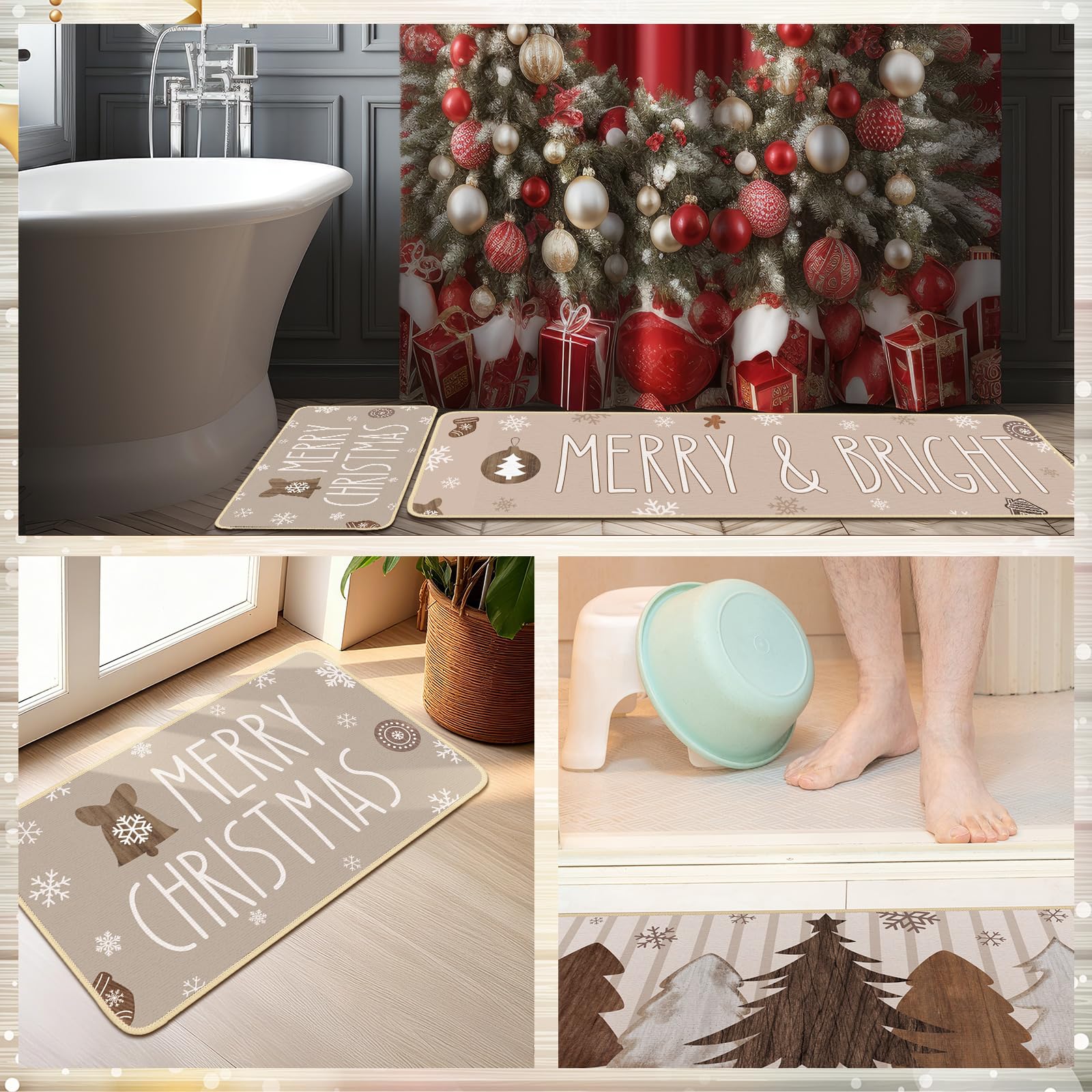 Tinideya Küchenteppich, Motiv: Frohe Weihnachten, Holzbaum, Schneeflocken, Urlaub, Winter, Vintage, neutrale Weihnachtsdekoration, Innen-Bodenmatte für Küche, Badezimmer, Heimdekoration, 3 Stück