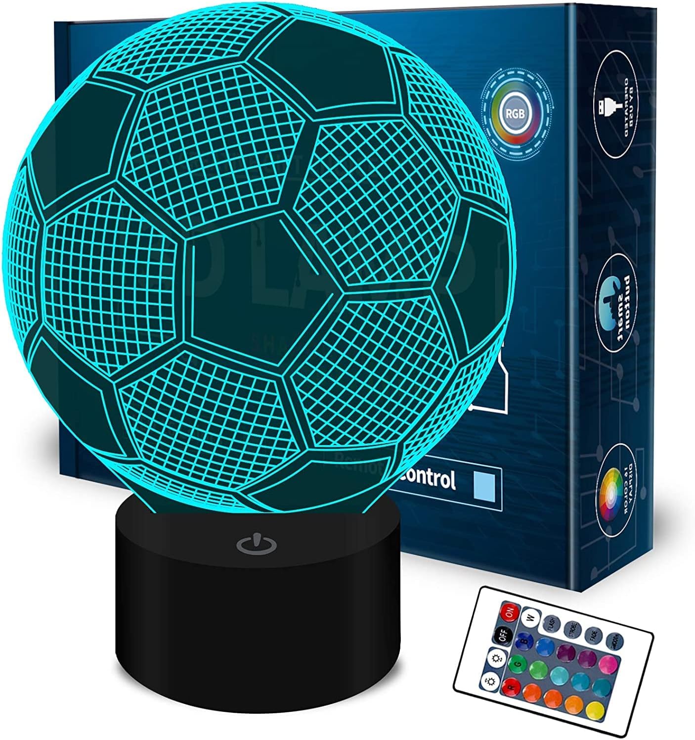 (Football) - Kids Night Light Football 3D Optical Illusion Lamp with Remote Control 16 Colours Changing Soccer Birthday Xmas Valentine's Day Gift Idea for Sport Fan Boys Girls