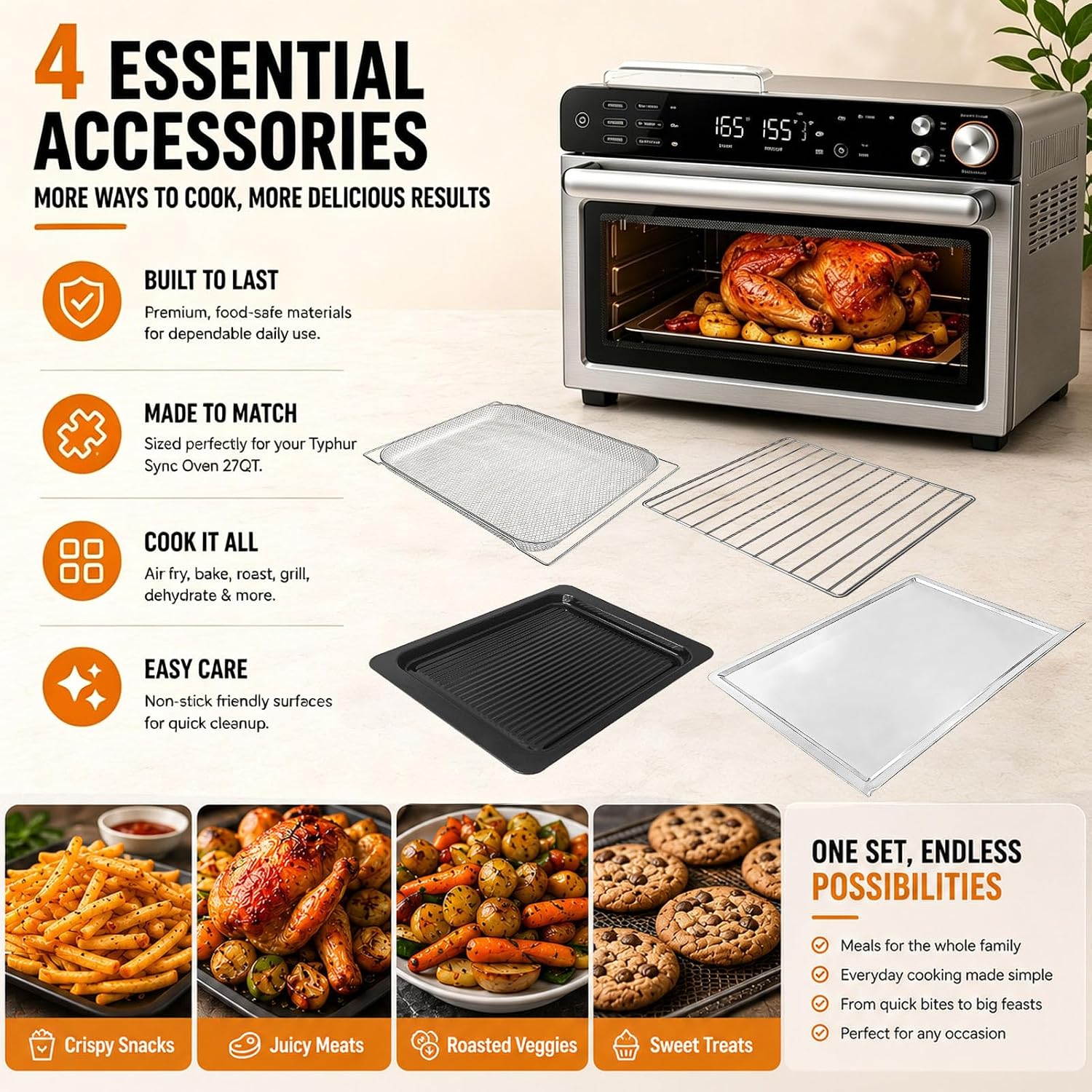 GXF Toaster Oven Replacement Parts for Typhur Sync Oven 12 in 1 Countertop Air Fryer Toaster Oven Combo 27QT, 14.4x11.4" Stainless Steel Roaster Pan Grill Pan Plate Wire Rack Basket Set Accessories