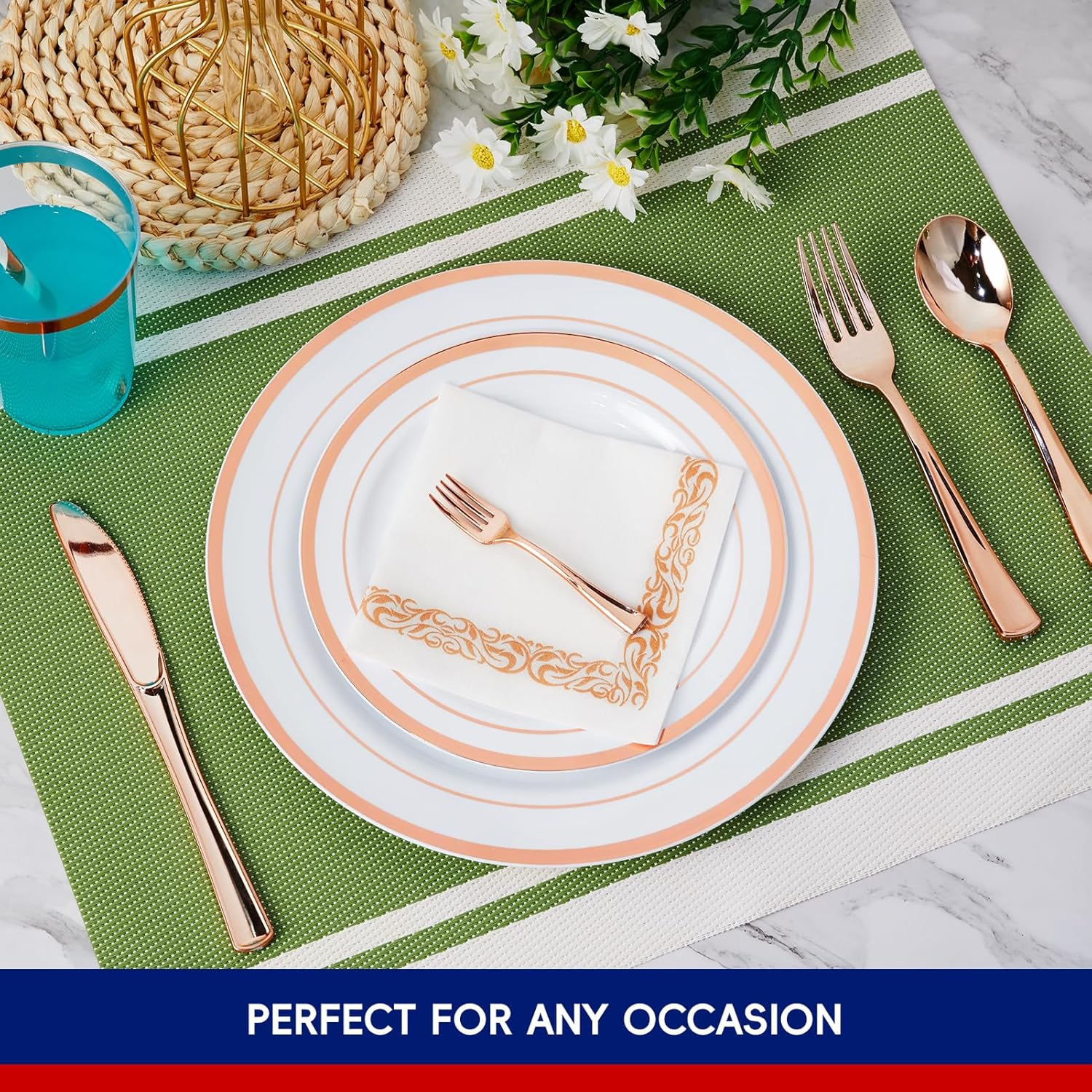 250 Count Rose Gold Disposable Plastic Dinnerware Set, 50 Rose Gold Plastic Plates, 25 Silverware, 25 Cups and Straws, 50 Napkins, Perfect for Wedding Party