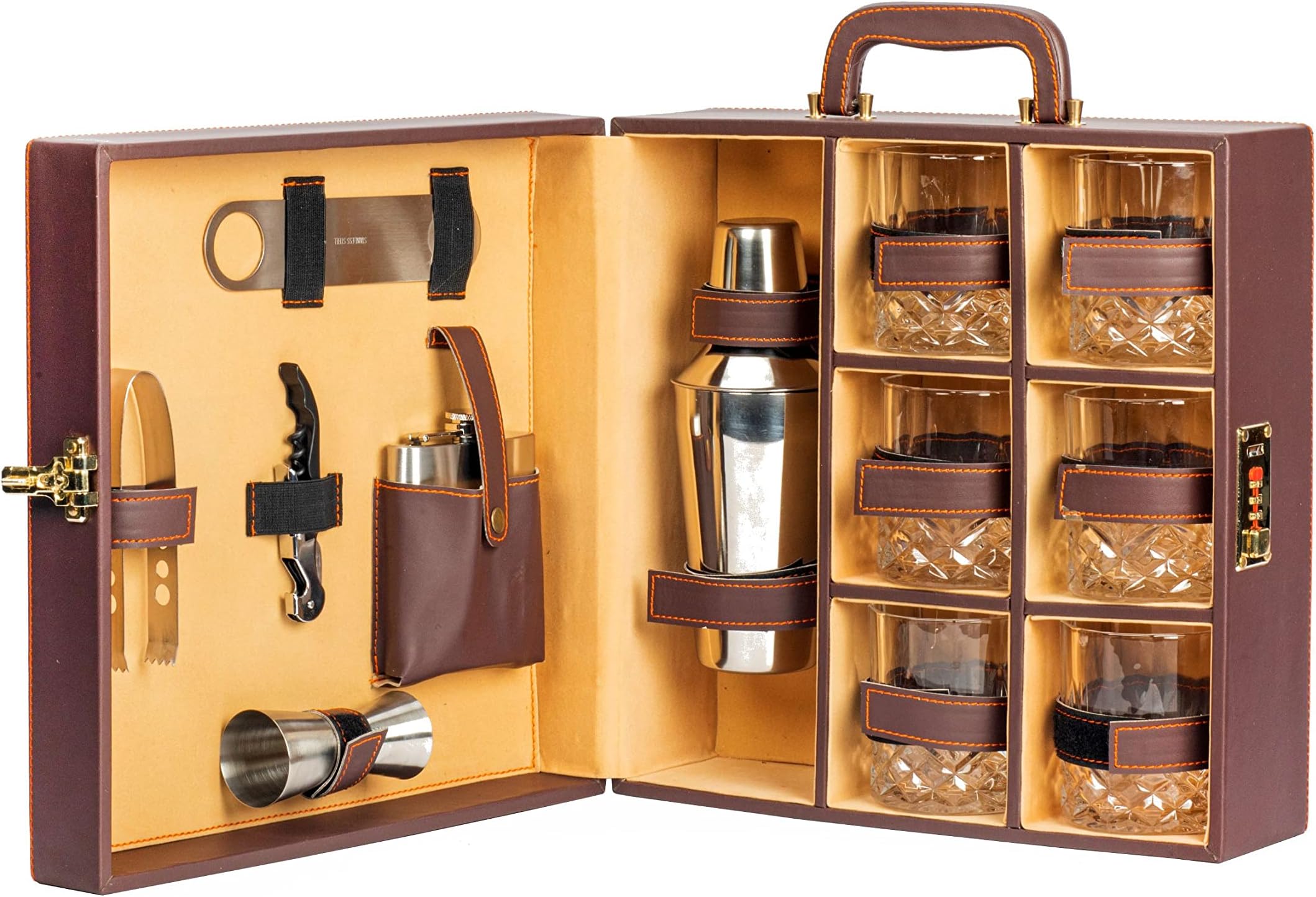 Abrazo Faux Leatherette Portable Bar Set | Portable Bar Set | Leatherette Bar Tool Set | Brown 6 Glass |Cocktail Shaker