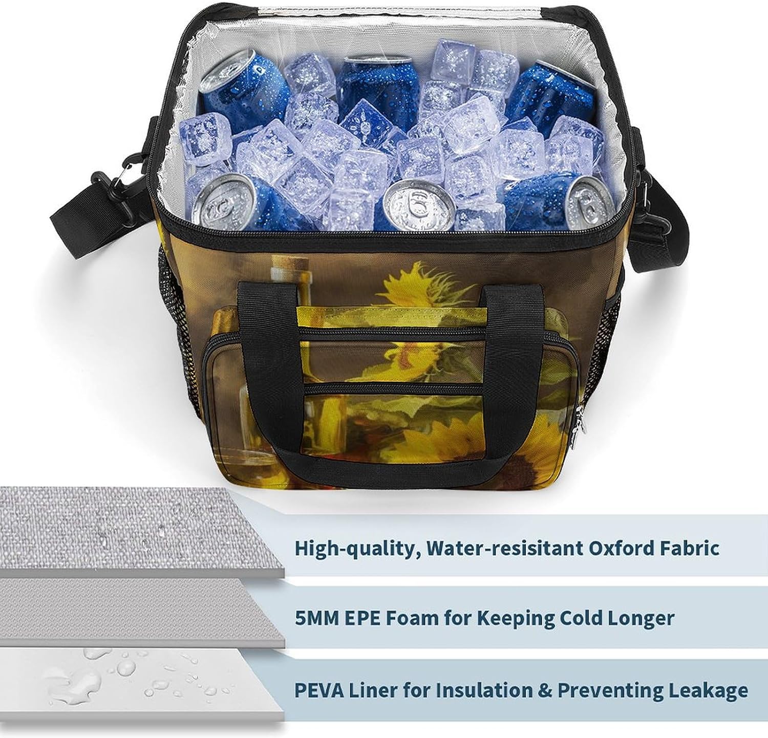 Camping Ice Pack, Wine with Yellow Sunflower Print Cooler Bag, 22.5L Large Capacity Insulated Lunch Tote Bag for Outdoor, Picnic, BBQ, Travel, Work