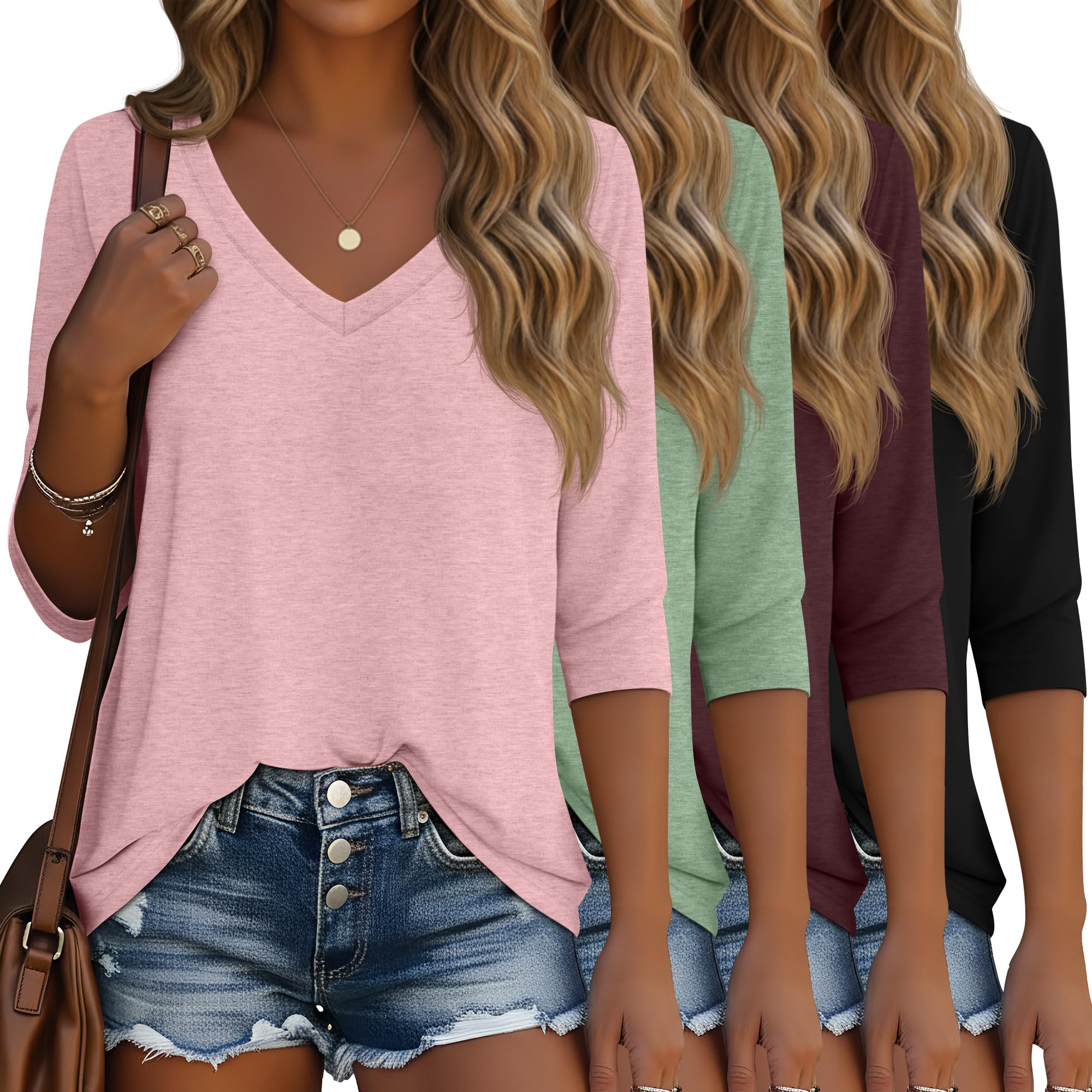 - 4 Pack Women's 3/4 Sleeve T Shirts, V Neck Casual Tunic Tops Loose Fit Cotton Basic Shirts Solid Color Fashion Tees