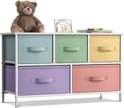 Miniatura 13 de Cómoda Sorbus con 5 cajones, cajonera para niños, adolescentes, dormitorio, cuarto del bebé, sala de juegos, ropa, juguetes, marco de acero, parte