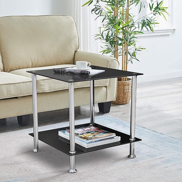 nozama Black Glass Side Table Living Room 2 Tier End Table for Sofa Side, Square End Coffee Table for Small Space Modern Bedside Table