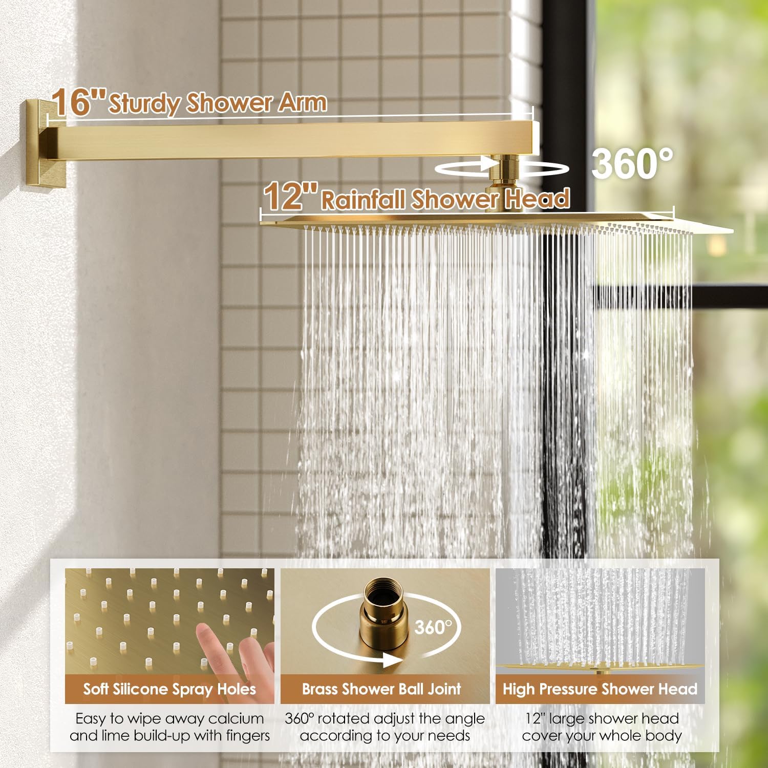 Shower System, Gold Shower Faucet Set with Shower Valve and Trim Kit, 12 Inch Rain Shower Head with Handheld Spray, Brushed Gold Shower Head and Handle Set, High Pressure Shower Head System - Image 4