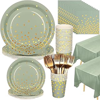 Sage Green Party Supplies, 127PCS Green Paper Plates Napkins Cups Forks Disposable Dinnerware Set Serves 25 Guests Sage-Green Party Decorations for Wedding Baby Shower