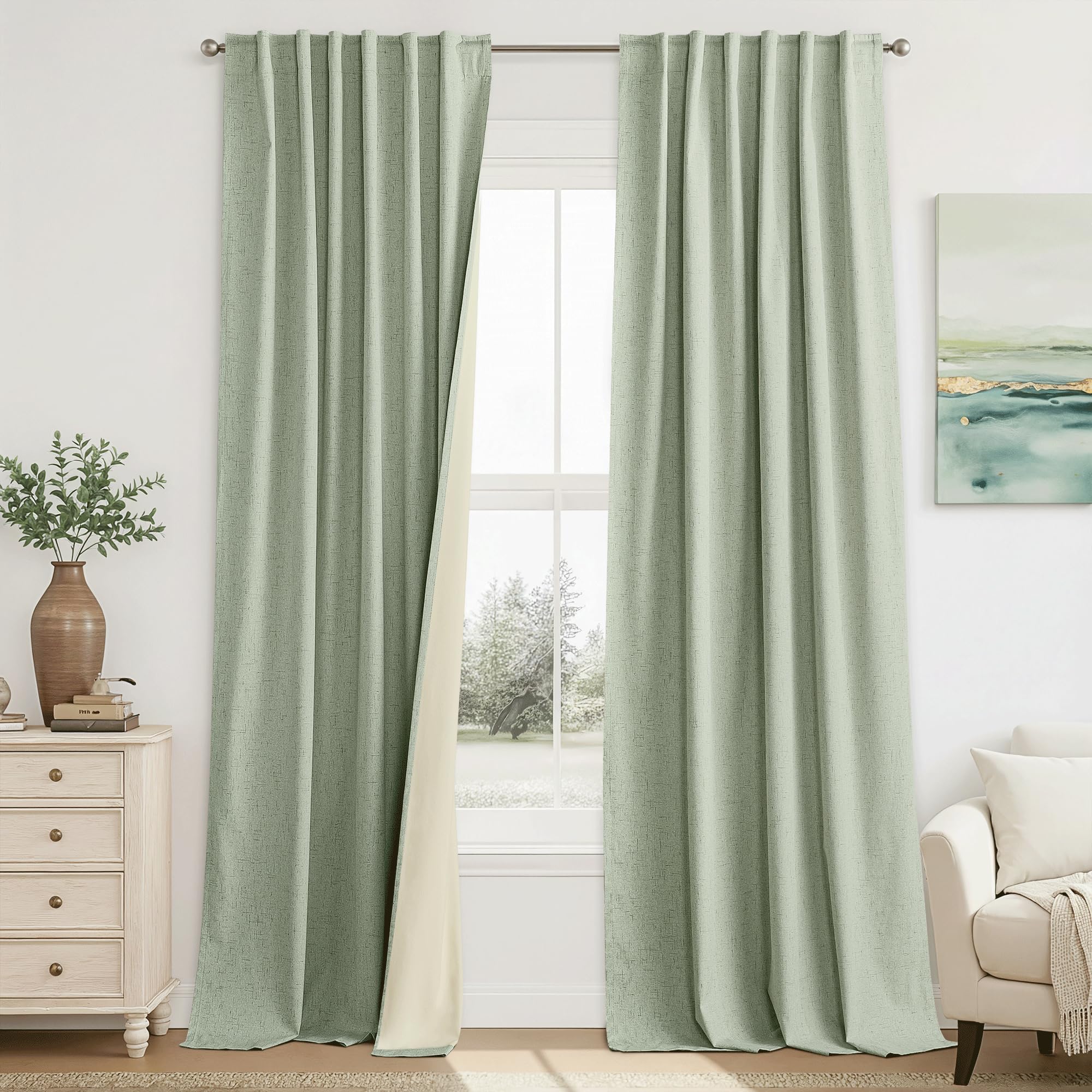 RYB HOME 100% Blackout Sage Green Linen Curtains, Light & Heat Blocking Thermal Privacy Protection Neutral Window Drapes for Living Room Bedroom, 52"