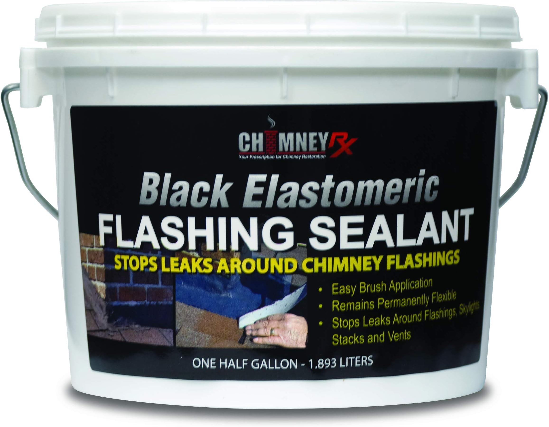 ChimneyRx 300054 Brushable Chimney Flashing Repair Sealant – Black Elastomeric Waterproof Coating Leak Protection for Chimneys, Vents & Skylights - Bonds to Shingles, Bricks, & More - 1/2 Gallon