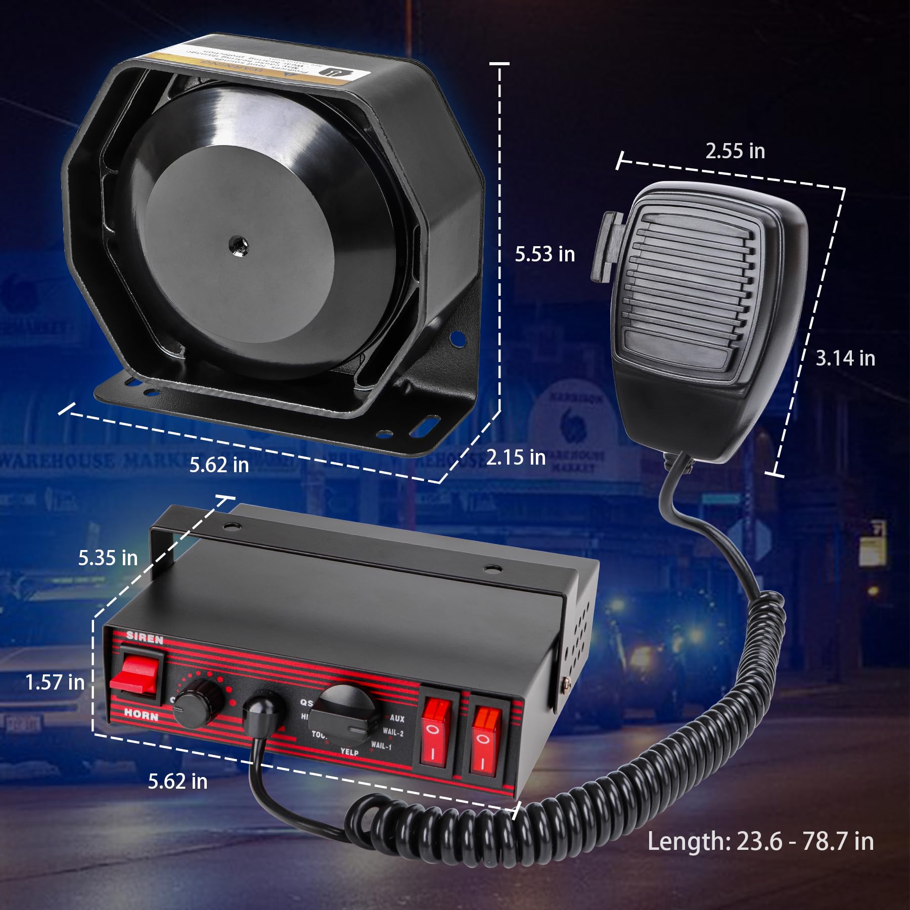 Sirène de Police 8 tonalités réglables en Volume, 130dB 200W Microphone Portable Lourd, Double commutateur auxiliaire 20A, Voiture Camion véhicule Ambulance sirène d'urgence