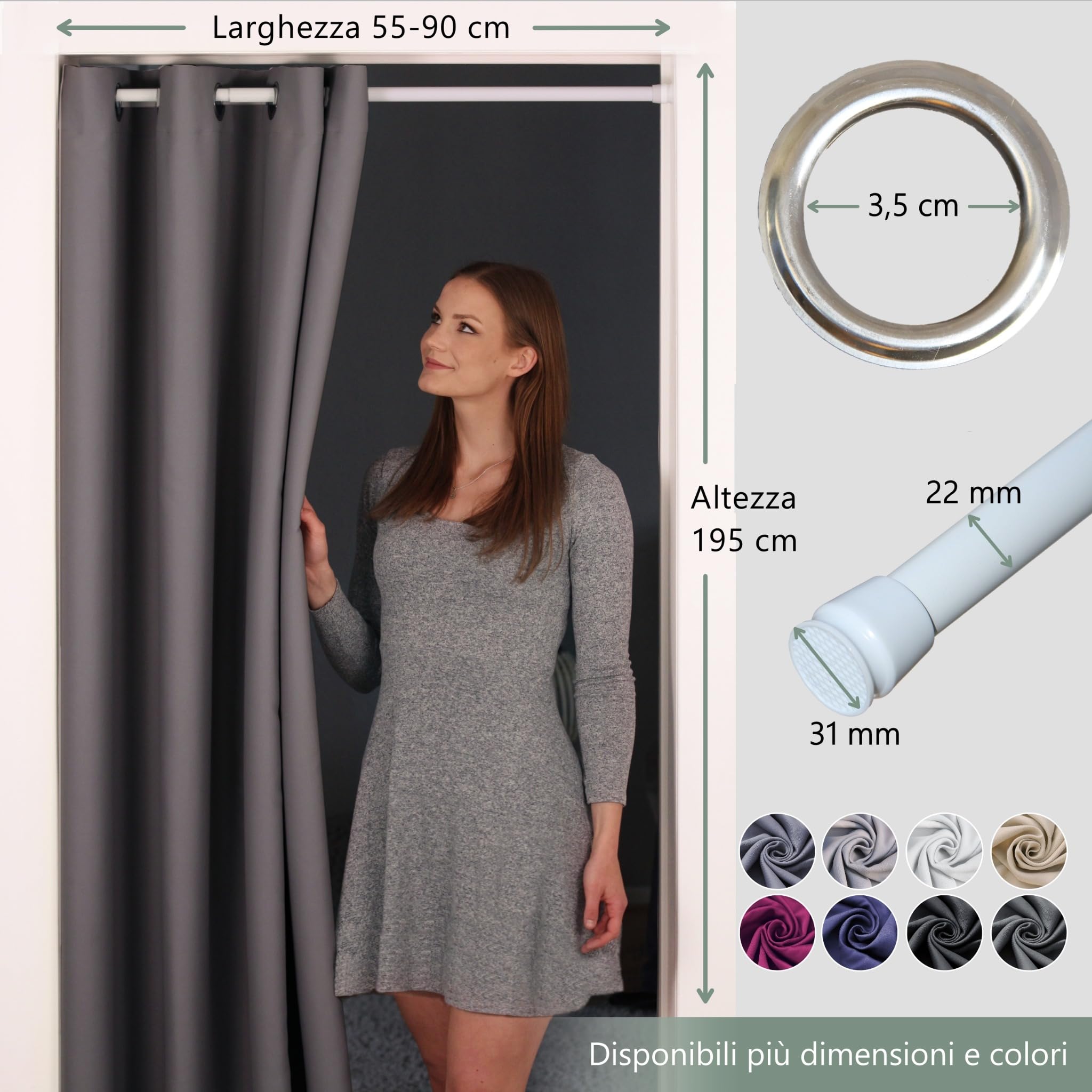 tenda per porta o armadio con asta telescopica, facile da installare in 1 solo minuto senza forare (tenda beige + asta bianca, larghezza porta 55-90 cm)