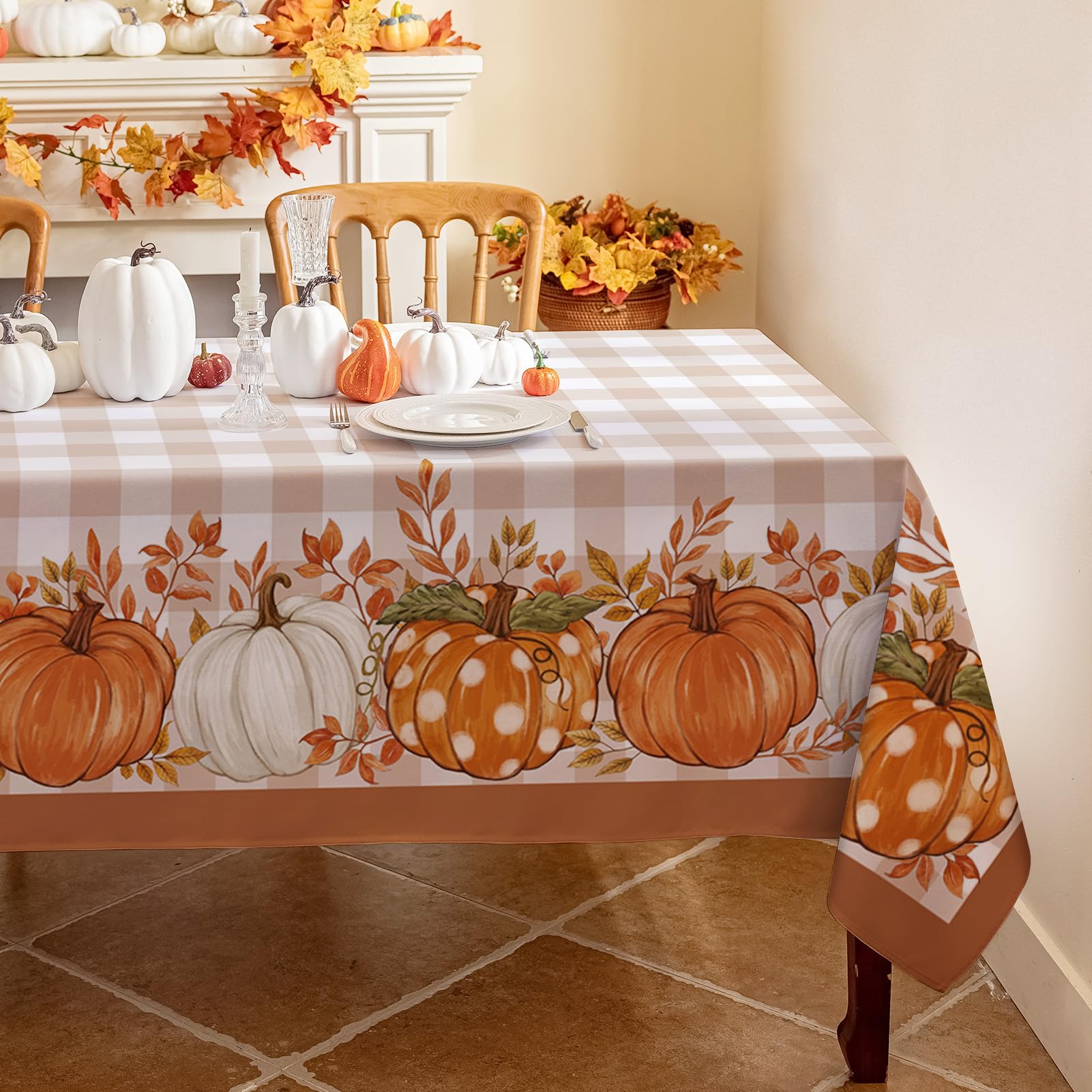 Romanstile Tovaglia antimacchia 240x140 cm autunnale Rettangolare per 6-10 posti Tovaglie a quadri da esterno impermeabile con motivo a zucca arancione Decor tavola per halloween,cucina,campeggio