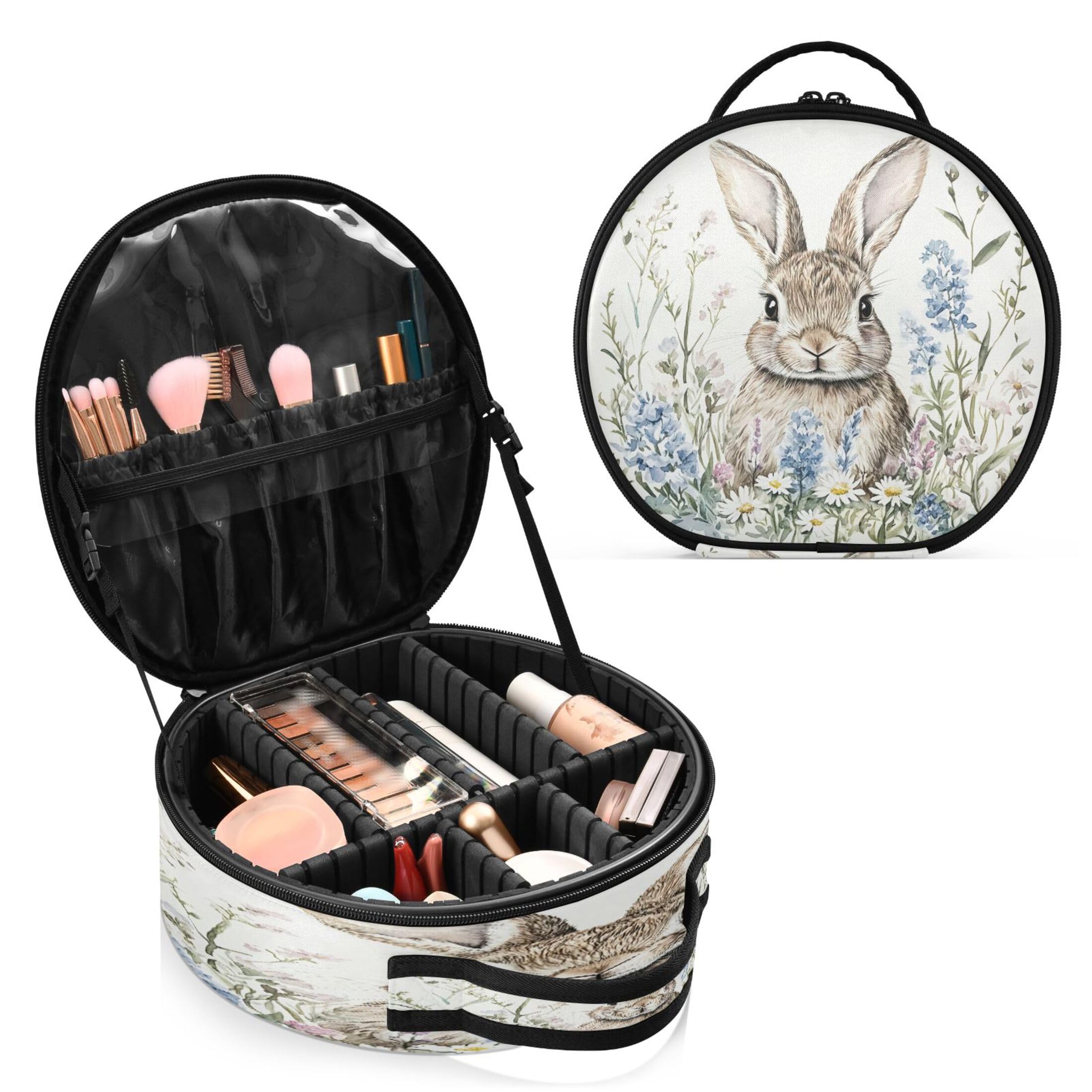 Takiito Cute Little Bunny Wildflowers Travel Makeup Case Portable Makeup Box Artist Cosmetic Case Organizer With Adjustable Dividers