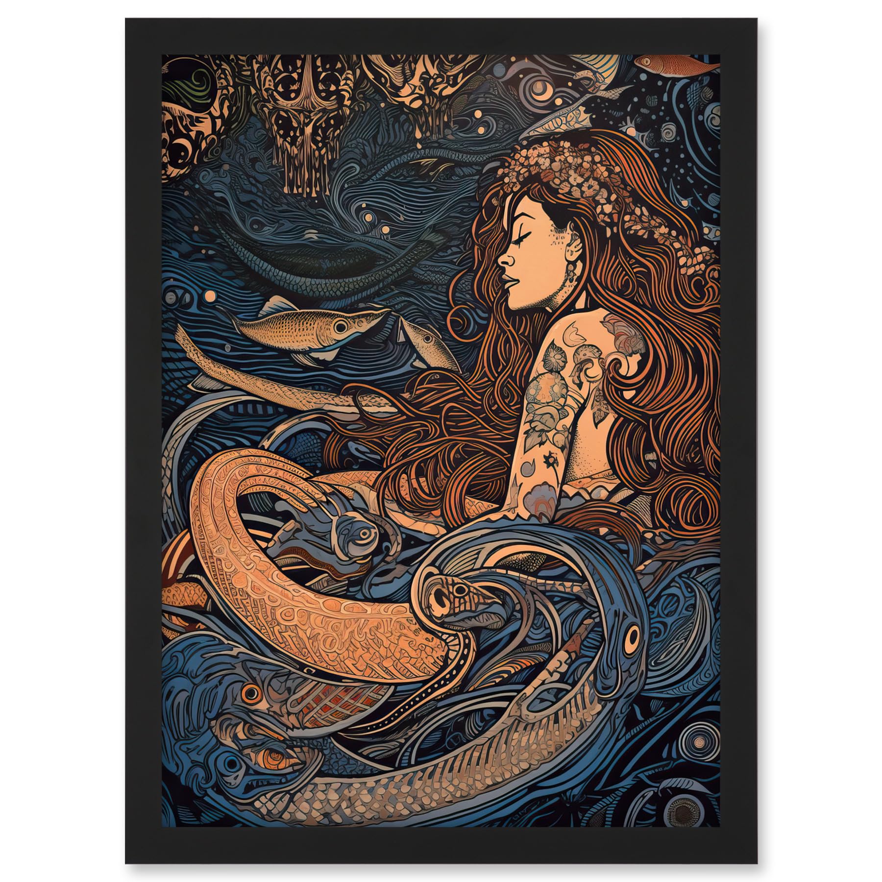 Artery8 Little Mermaid and Aquatic Animals Illustration Artwork Framed A3 Wall Art Print