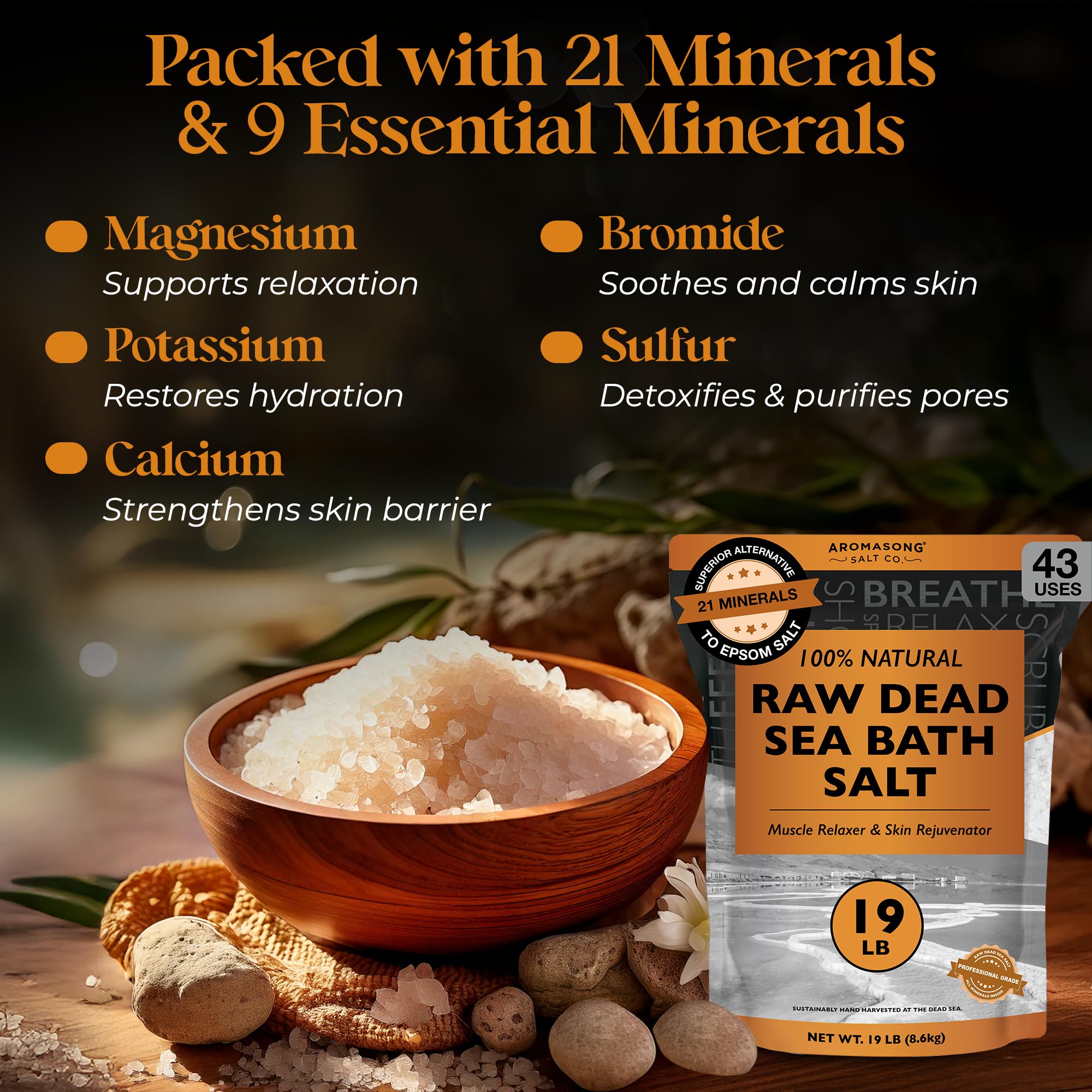 19 Lbs Raw Dead Sea Salt, Not Cleaned, Still Contains All Dead Sea Minerals Including Dead Sea Mud, Fine Medium Grain, Resealable Bulk Pack, Better Absorption & Leaves Your Skin Softer Then Epsom Salt