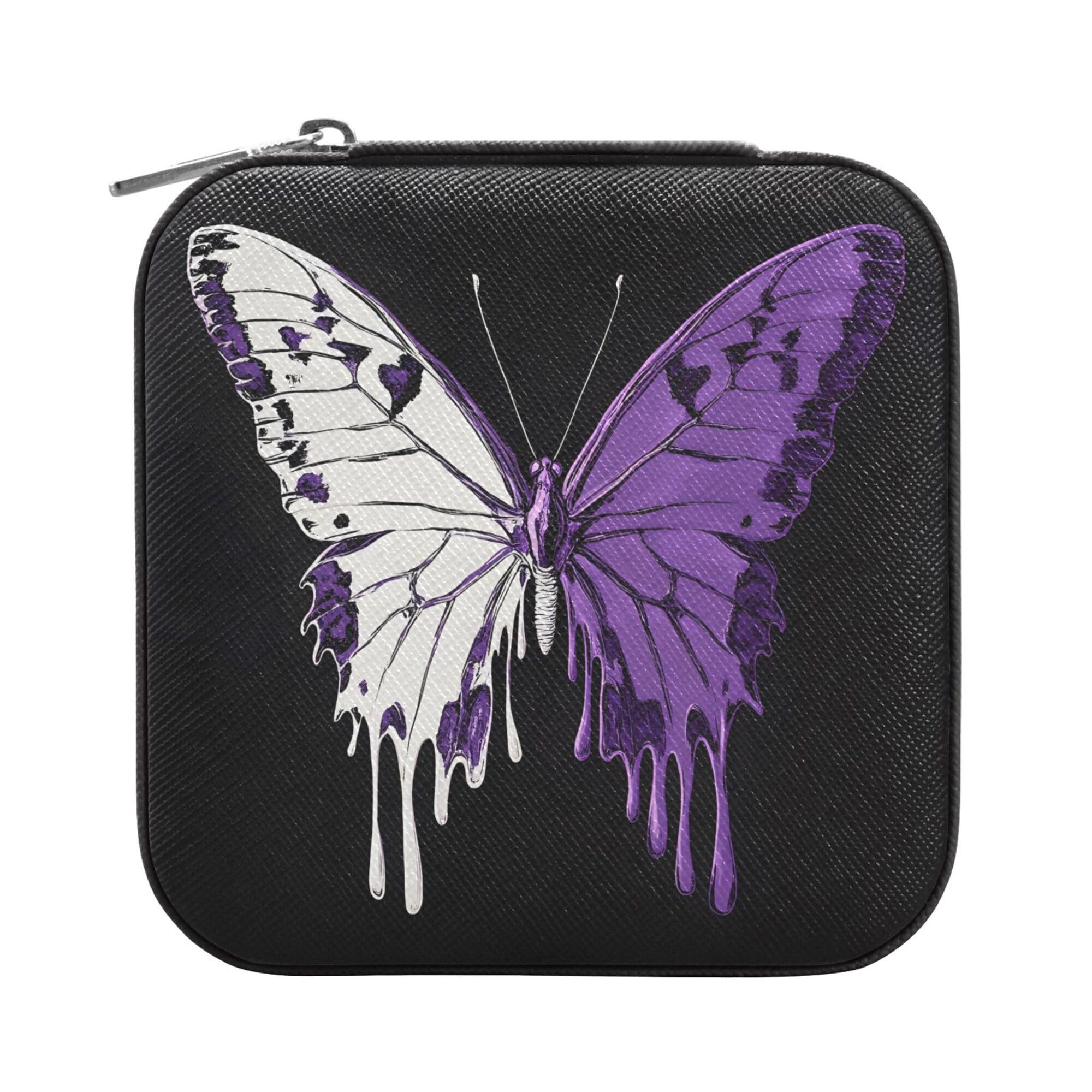 MNSRUU Small Jewelry Box Storage and Organizer White Purple Dual Color Butterfly Mini Travel Jewelry Case Portable Earring Ring Organizer Boxes for Women Girls, Black