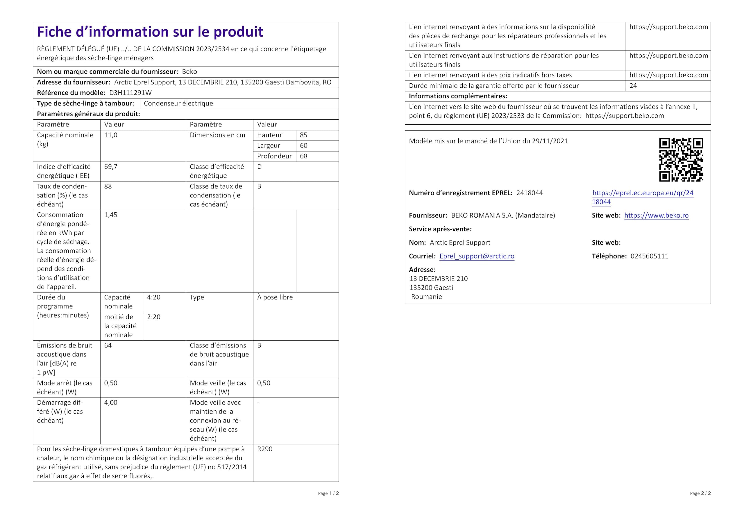 BEKO D3H111291W
