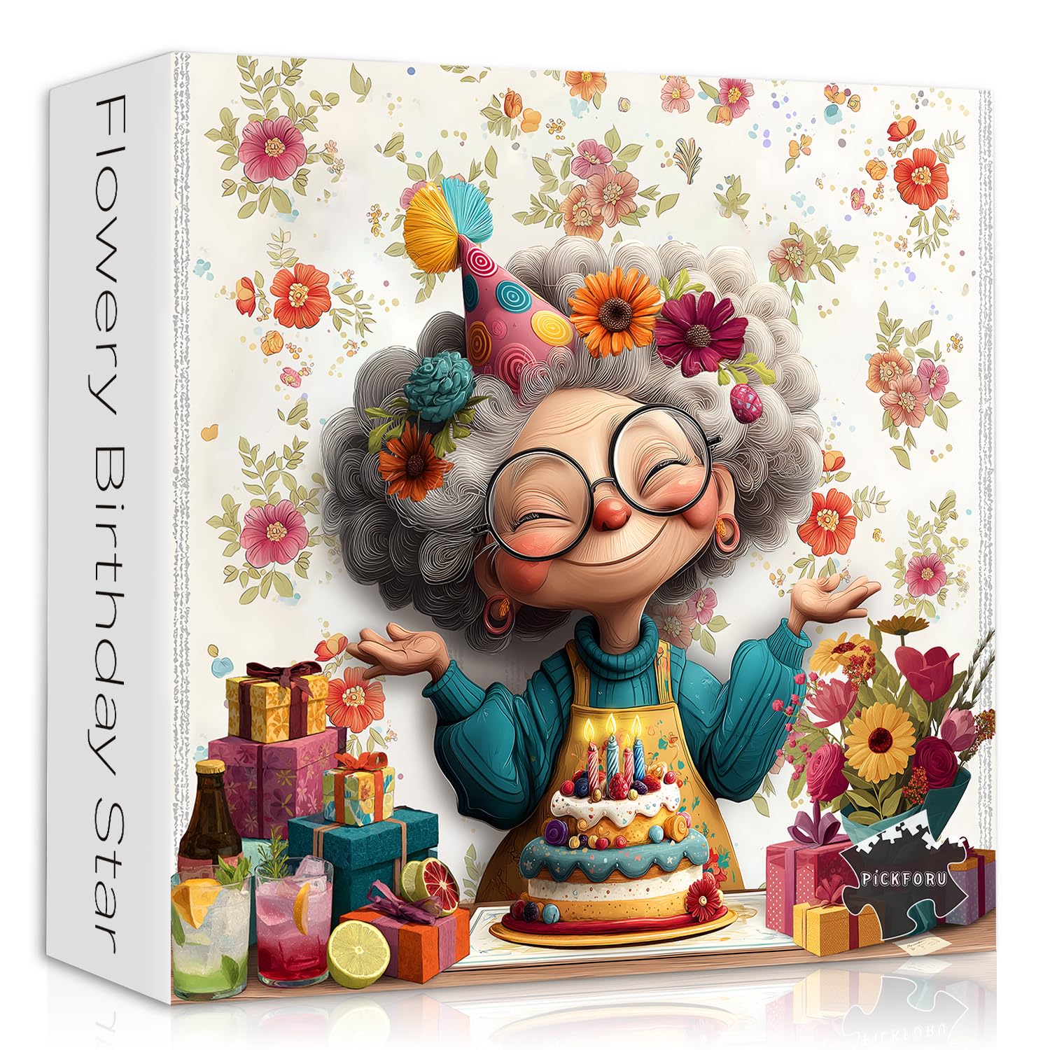 1000 Piece Daisy Flower Field Jigsaw Puzzle - Whimsical Grandma Cartoon Art, Colorful Floral Game