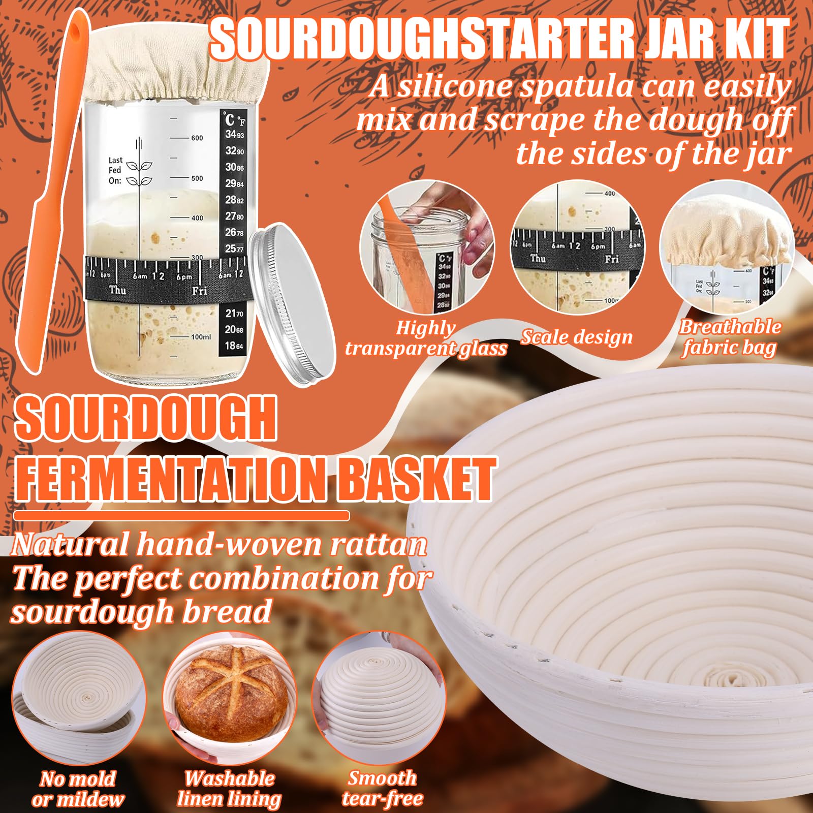 Accessoires de cuisson à pain, panier de fermentation pour démarreur au levain, panier de fermentation à pain avec verre de démarrage, kit de cuisson à pain, kit de démarrage parfait, excellent cadeau