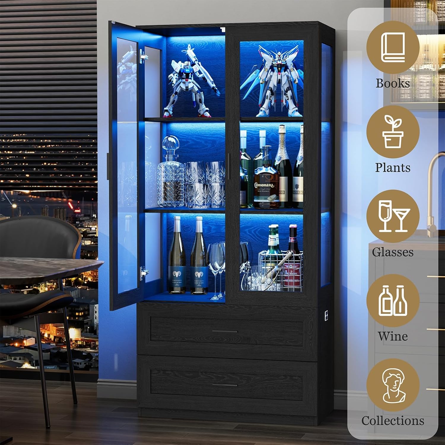 Display Cabinet with LED Lights, Curio Storage Cabinet with Acrylic Doors & 2 Drawers, 67" Bookcase Display Case for Collectibles, Human Body Sensor, Home Office, Living Room, Black