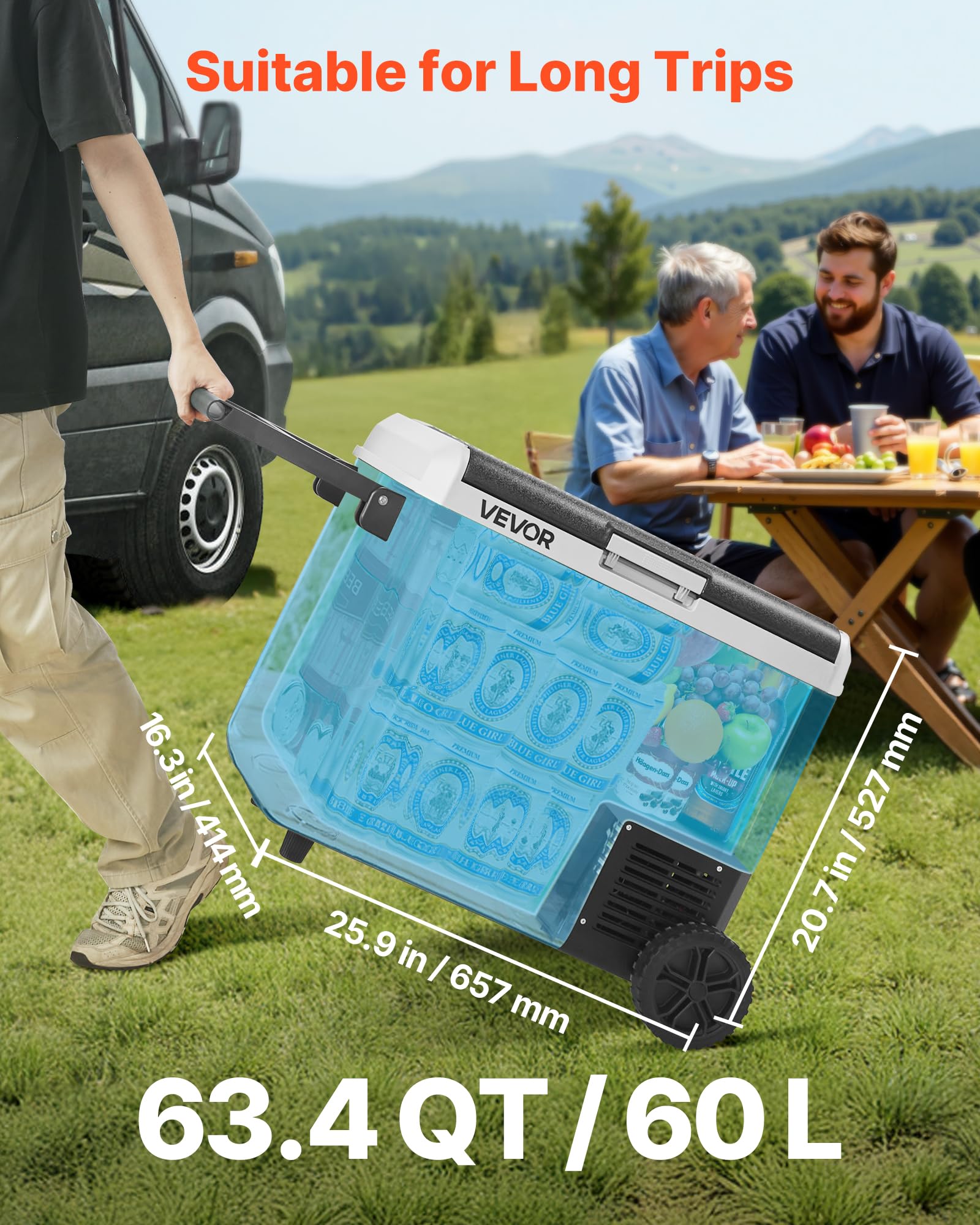 VEVOR 63.4QT/60L Car Fridge, Portable Electric Cooler with Wheels and Handle, -4?~68?, 12/24V DC and 100-240V AC Compressor Freezer for Outdoor, Camping, Travel, RV, Black