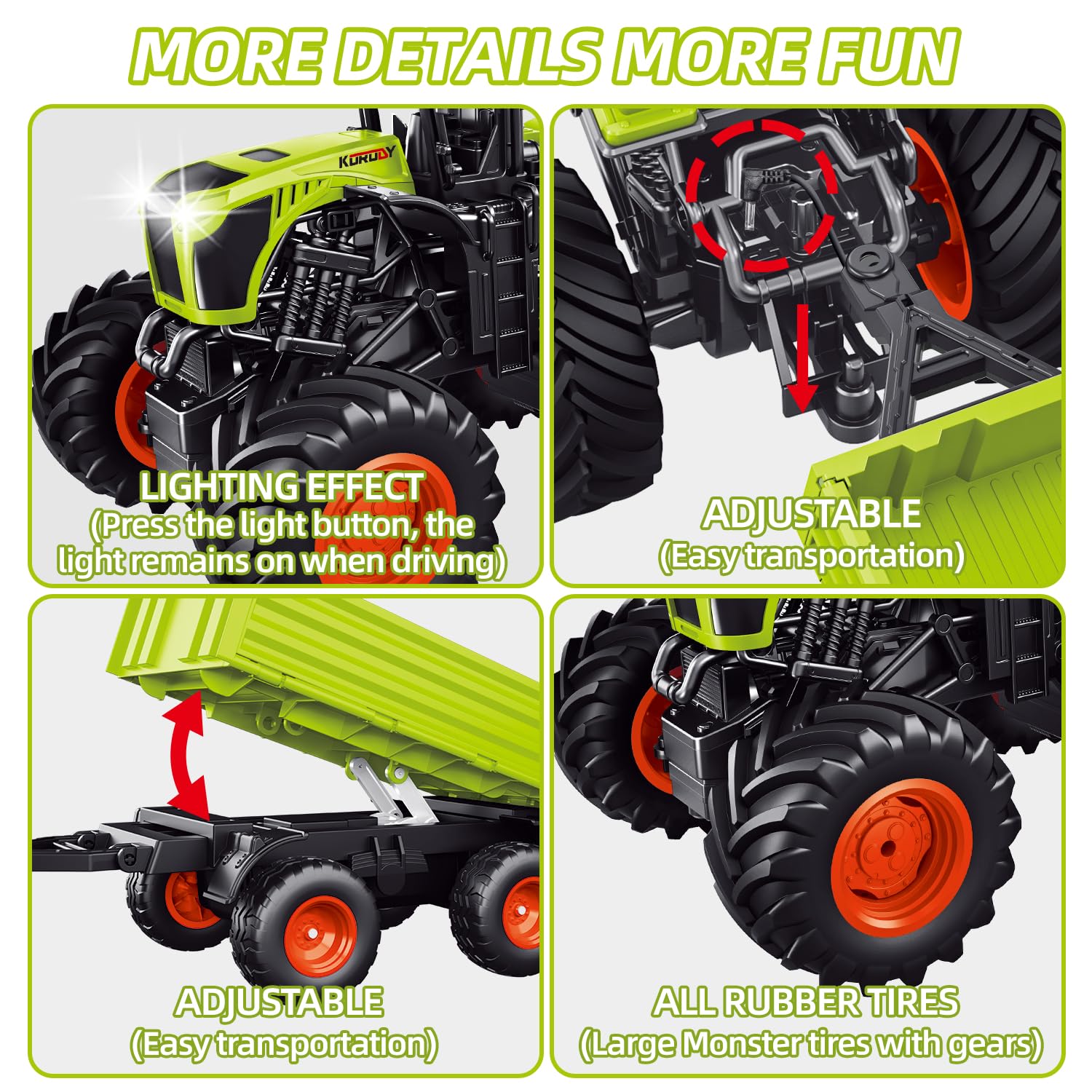 fisca Tractor teledirigido con remolque de elevación e inclinación, camión de juguete con sonido y luz, 6 tacos de madera, adecuado para niños y niñas a partir de 3, 4, 5 y 6 años, juguete de granja