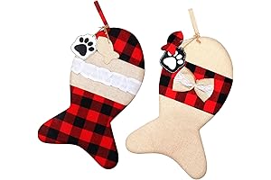 2-Piece Burlap Christmas Stockings for Cats: Festive Plaid and Charming Fish Shapes