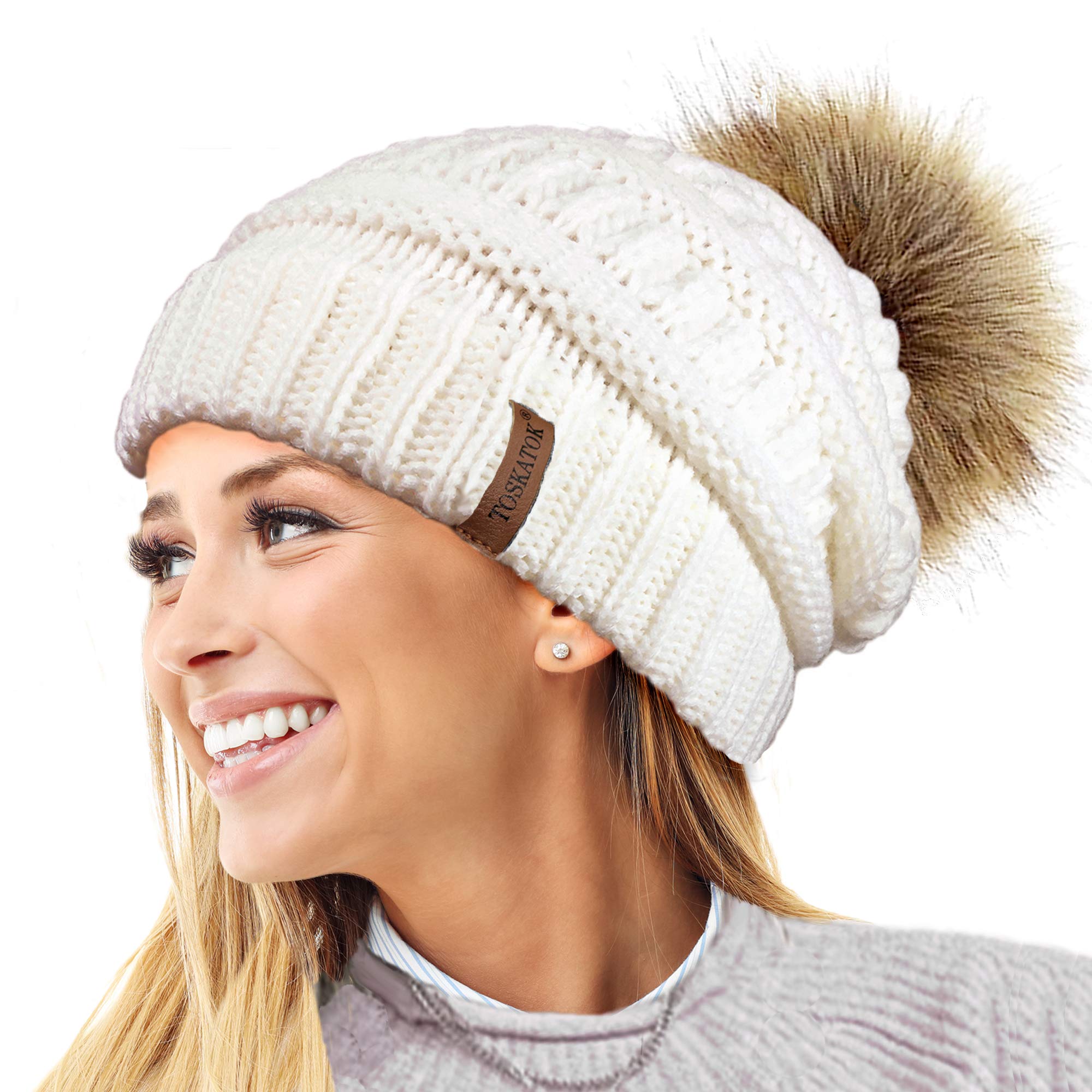 Toskatok Women's A-Cream 2 Pompoms Toskatok® Textured Knit Beanie Hat With Detachable Faux Fur Pom Pom - Buy With 1 2 Pom Poms…