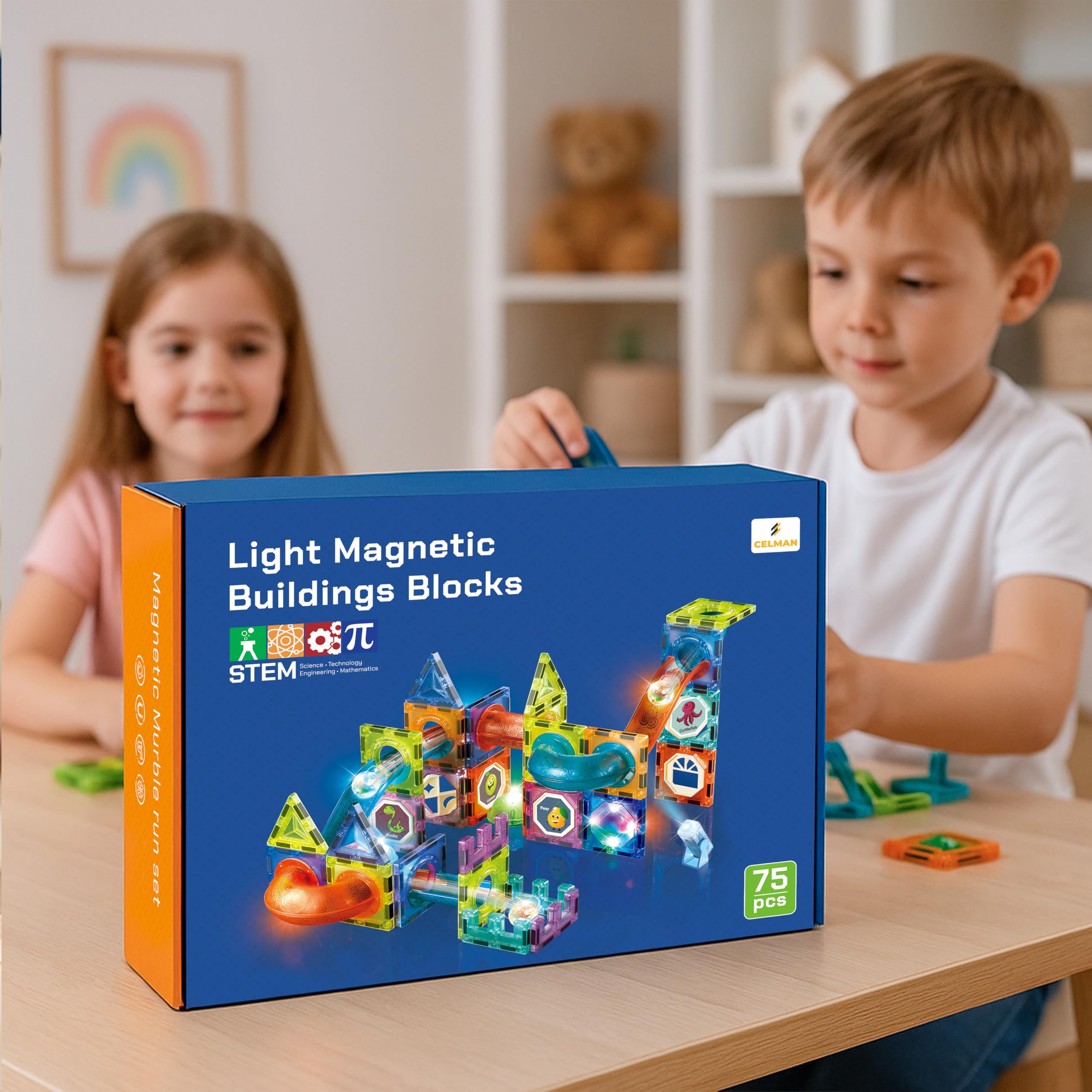 CELMAN Montessori magnetyczne klocki, 75 części, magnesy z akcesoriami, zabawka Montessori, tor kulkowy dla dzieci od 3, 4, 5, 6, 7, 8 lat, STEM, zabawka edukacyjna, prezent
