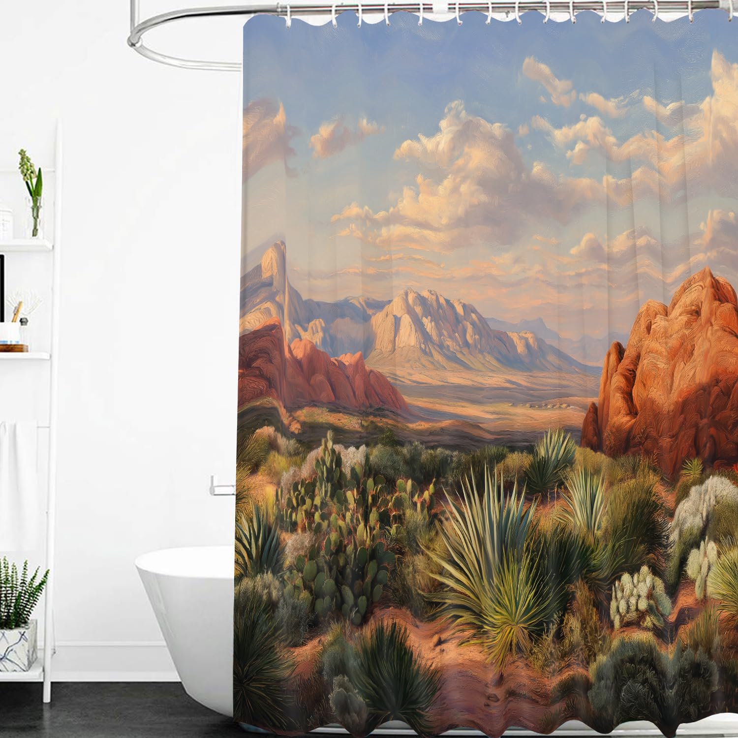 Cortina de Ducha con Paisaje Desértico,Estilo de Pintura Al Óleo de Cactus Verdes y Desérticos,Duradera y Fácil de Instalar,con Ganchos de Plástico,240Anx200Alcm (1 Panel).