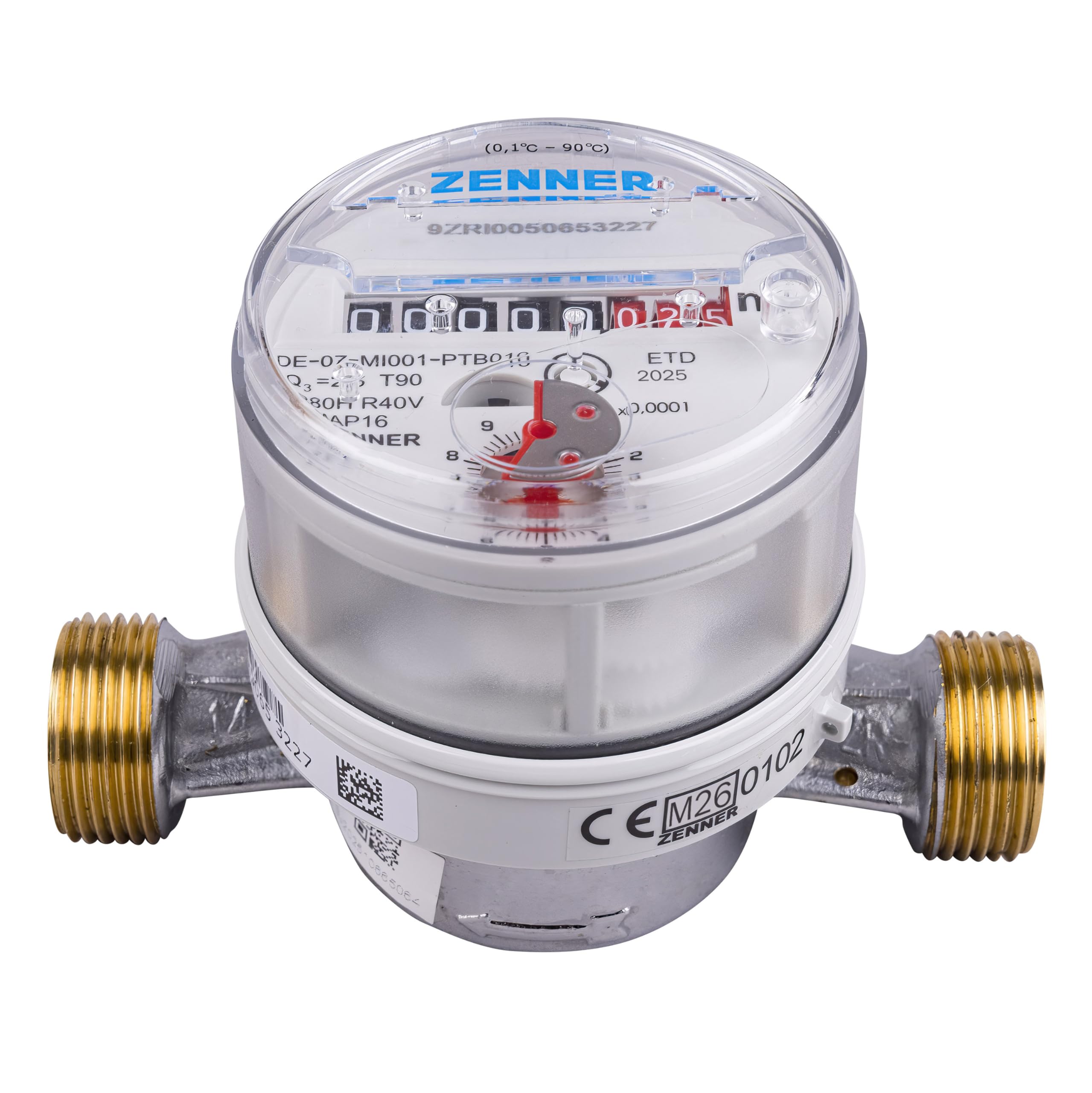Zenner Contador de agua fría y caliente, 1/2 pulgadas, 110 mm de longitud, con atornillado, año de fabricación 2026 Q3 2,5